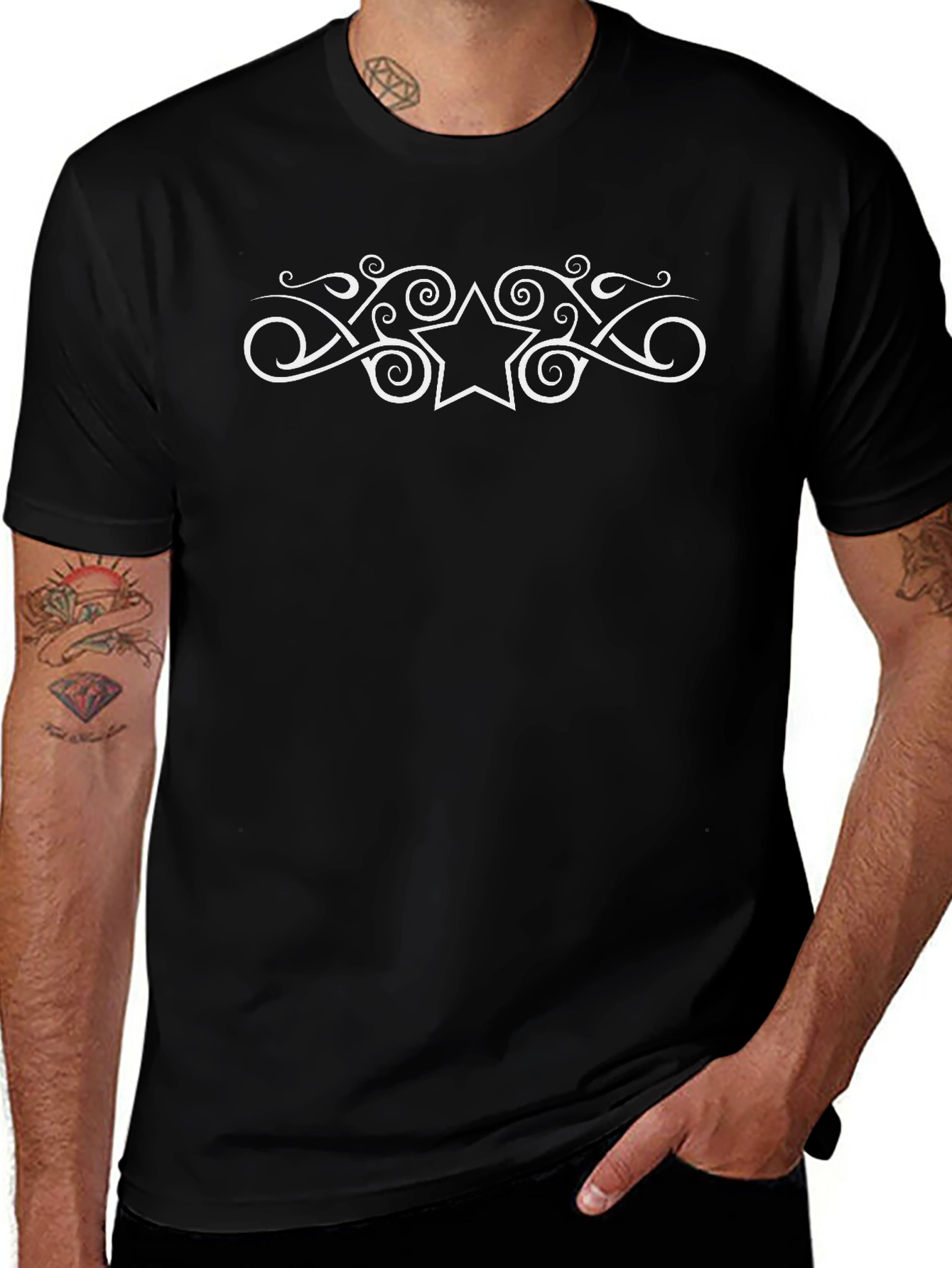 Star Scrollwork Graphic Black T-Shirt