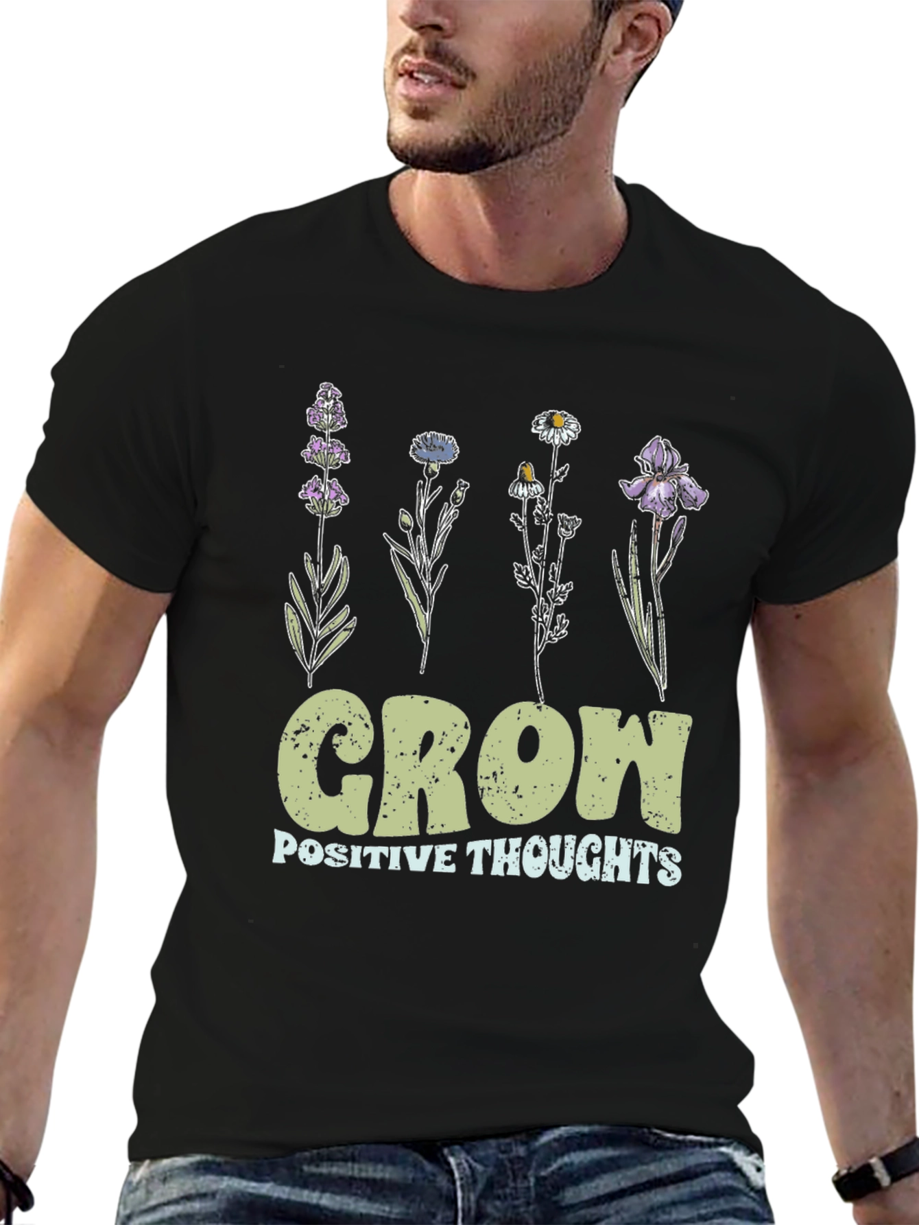 Grow Positive Thoughts Floral Black T-Shirt