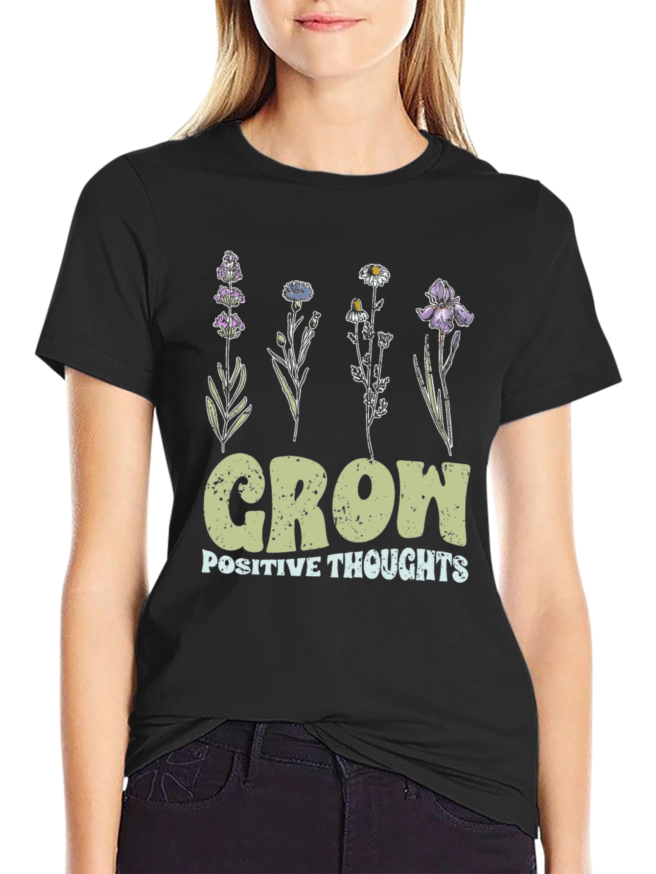 Grow Positive Thoughts Floral Black T-Shirt