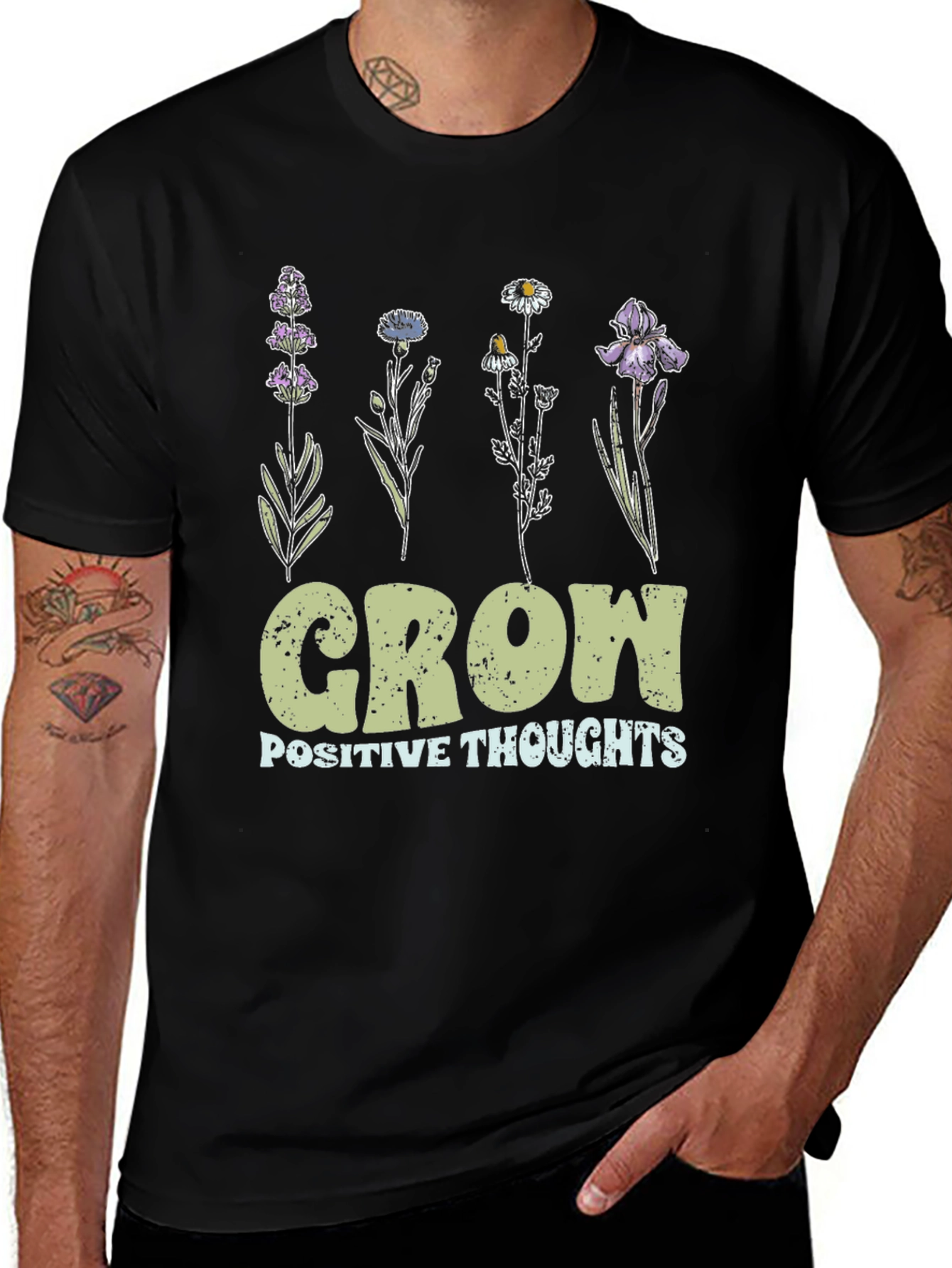 Grow Positive Thoughts Floral Black T-Shirt