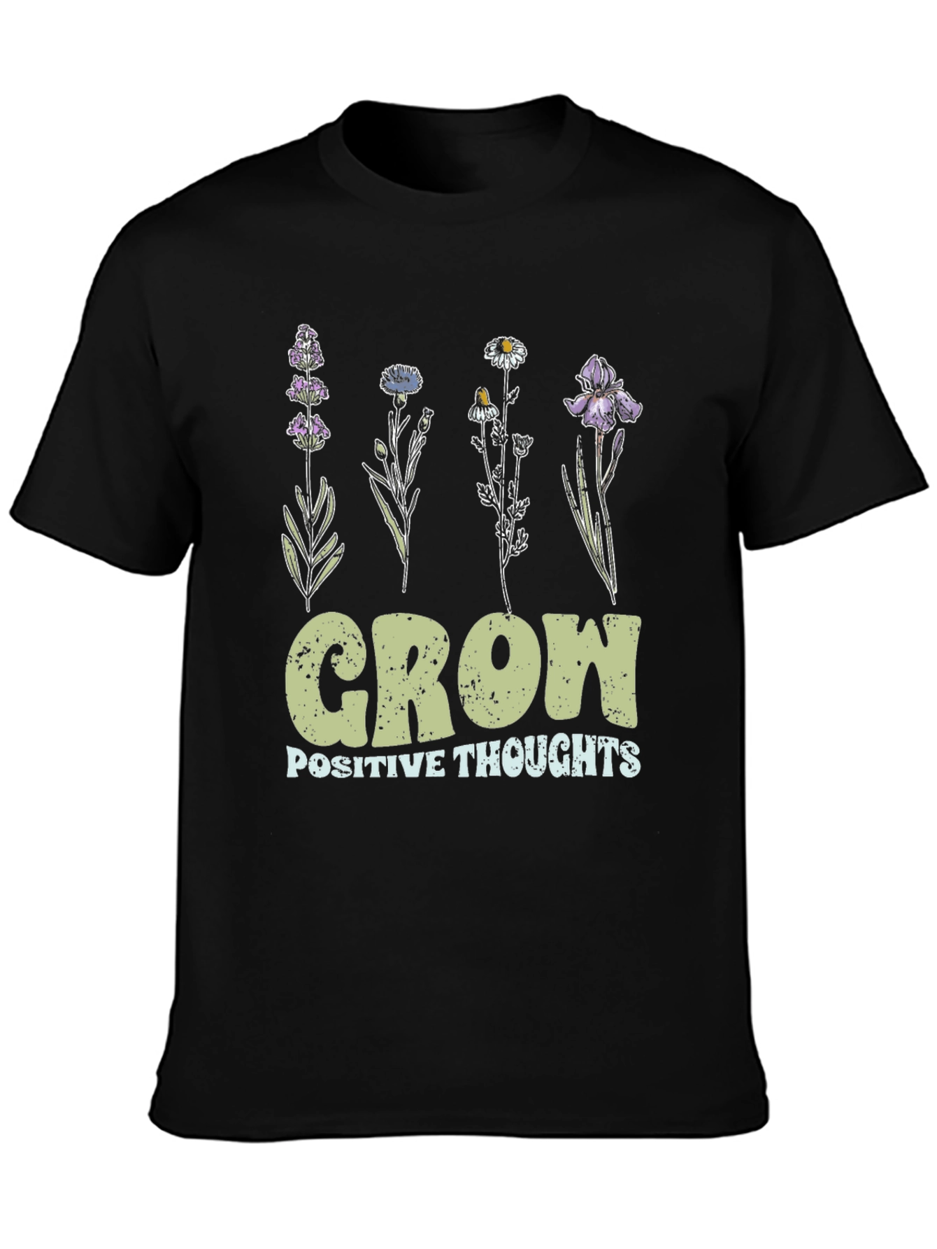 Grow Positive Thoughts Floral Black T-Shirt