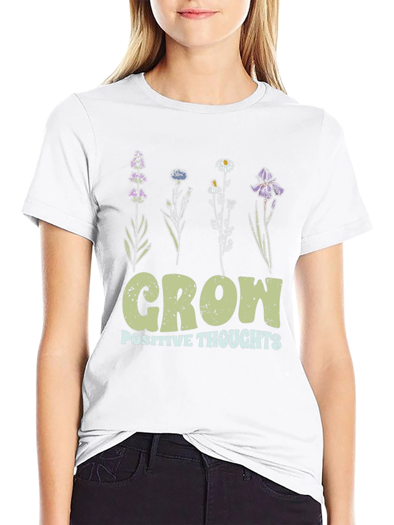 Grow Positive Thoughts Floral Black T-Shirt