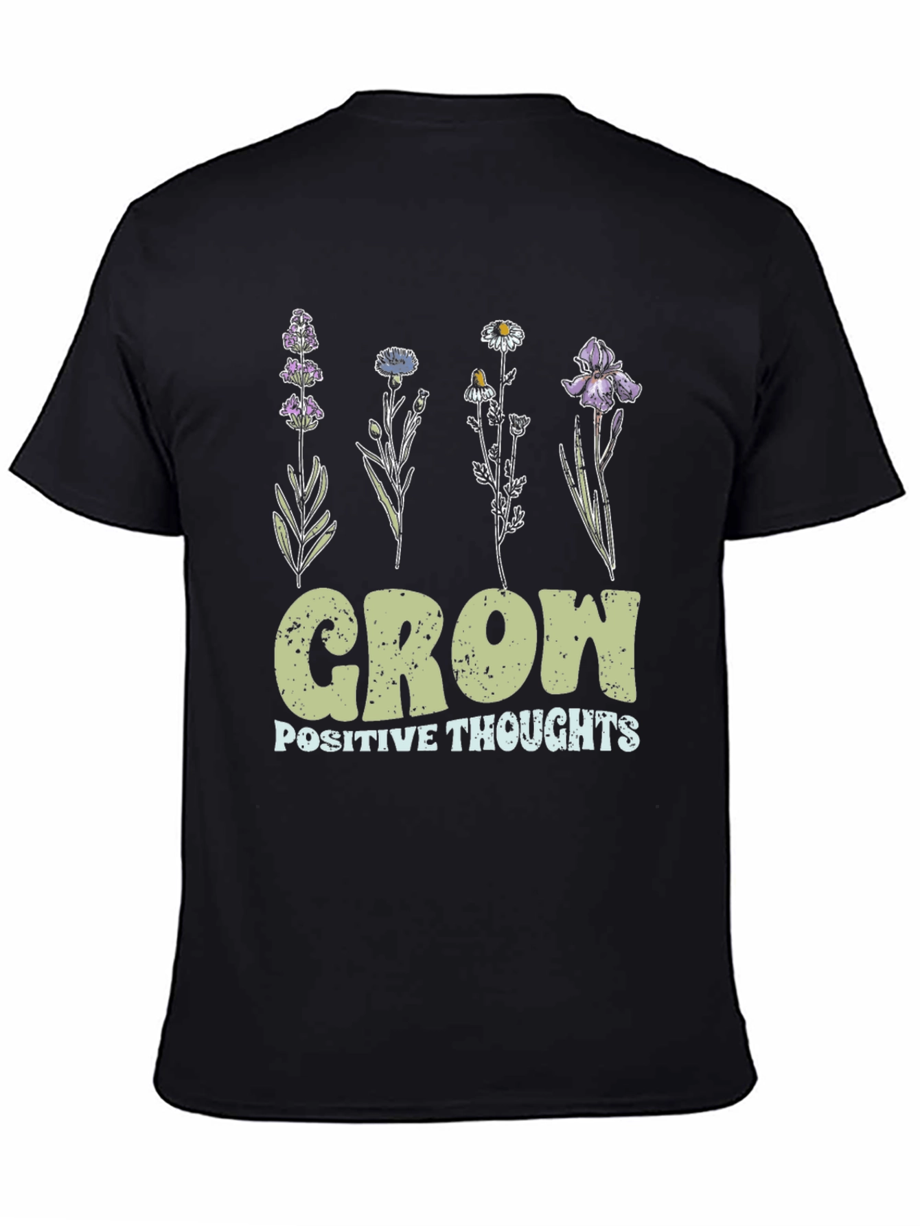 Grow Positive Thoughts Floral Black T-Shirt