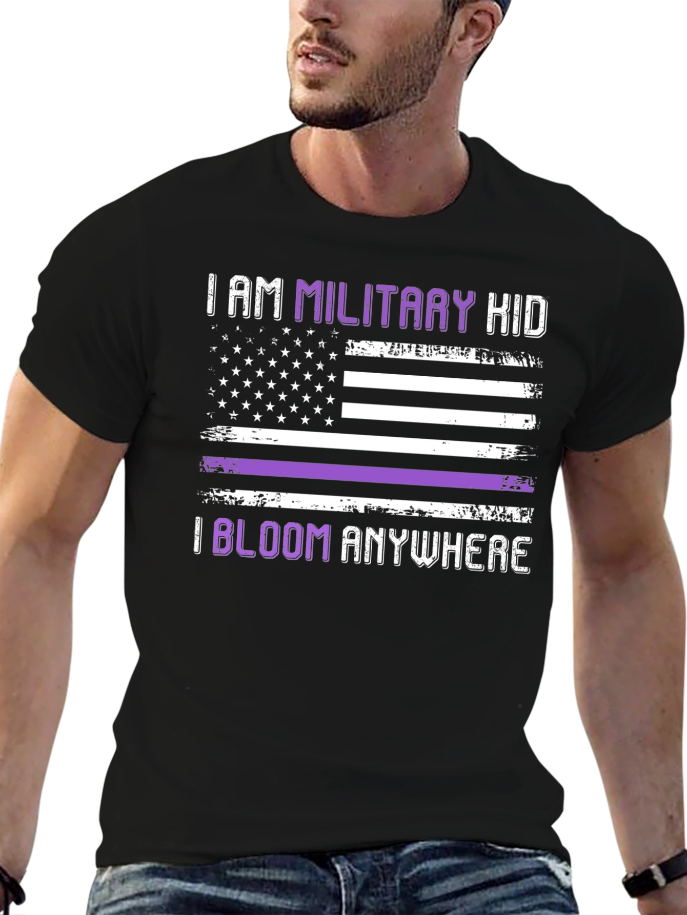 Military Kid Purple Stripe USA Flag Graphic Tee