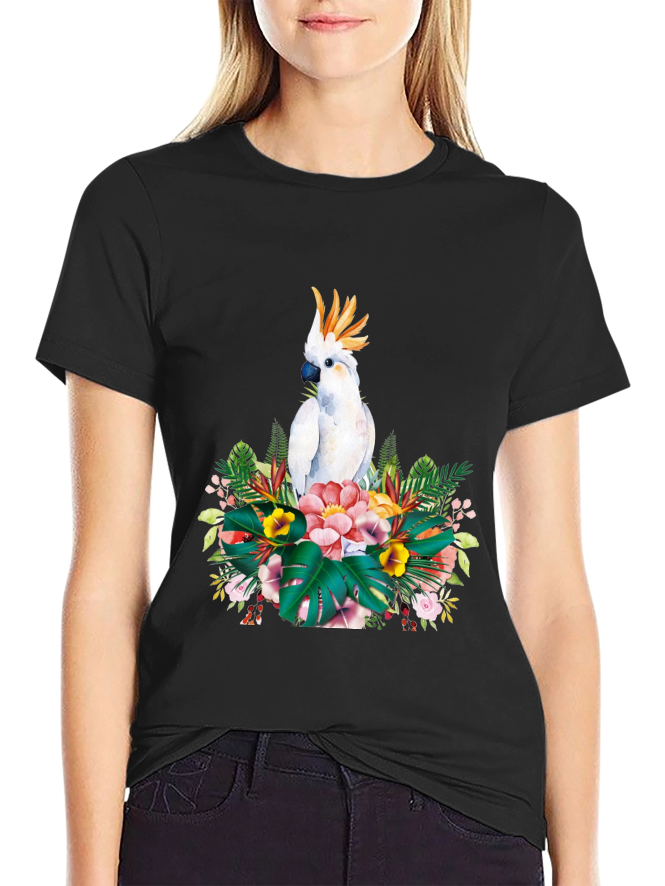 Tropical Parrot Graphic Tee - Black