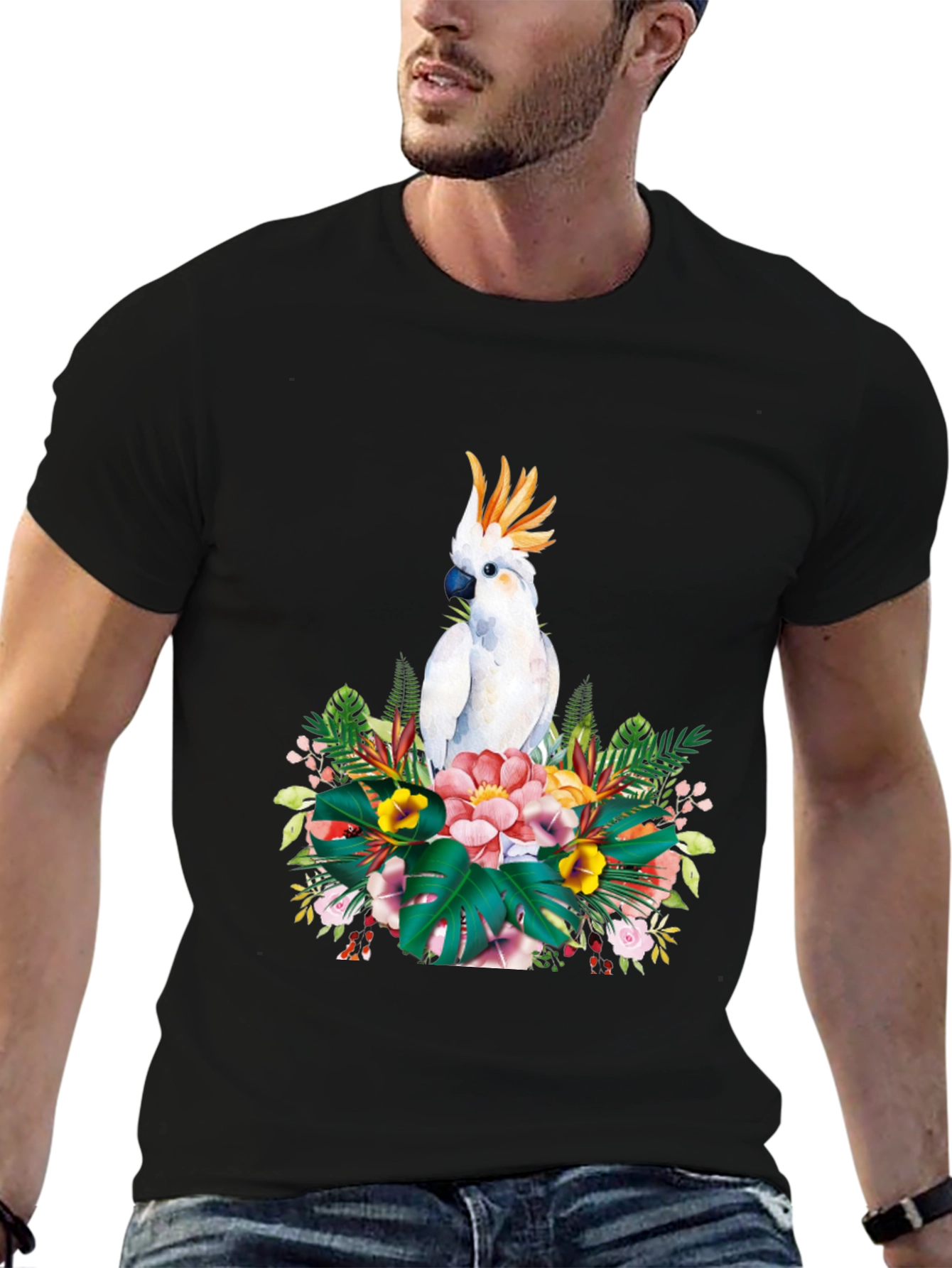 Tropical Parrot Graphic Tee - Black