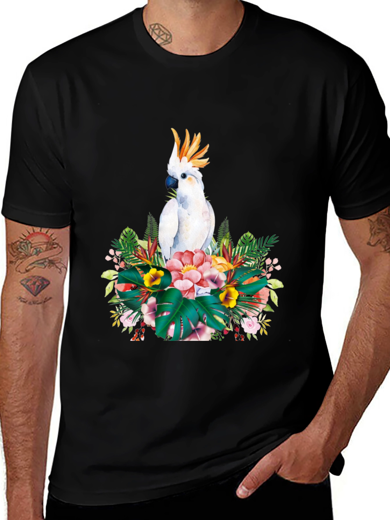Tropical Parrot Graphic Tee - Black