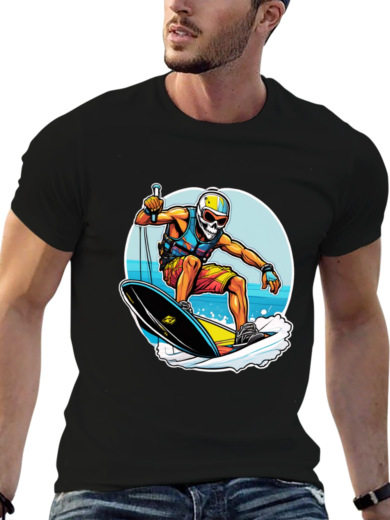 Skull Surfer Graphic Tee - Black Cotton Comfort
