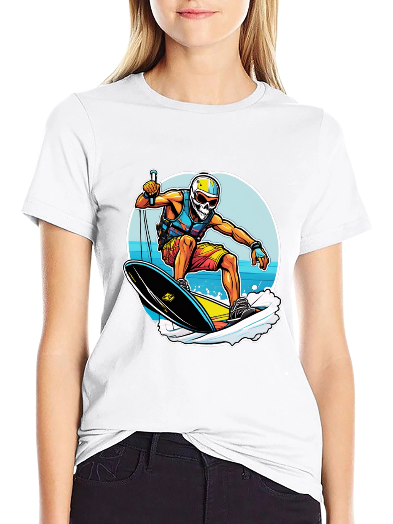 Skull Surfer Graphic Tee - Black Cotton Comfort