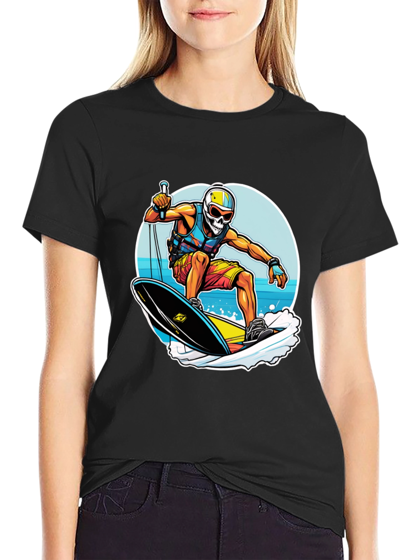Skull Surfer Graphic Tee - Black Cotton Comfort