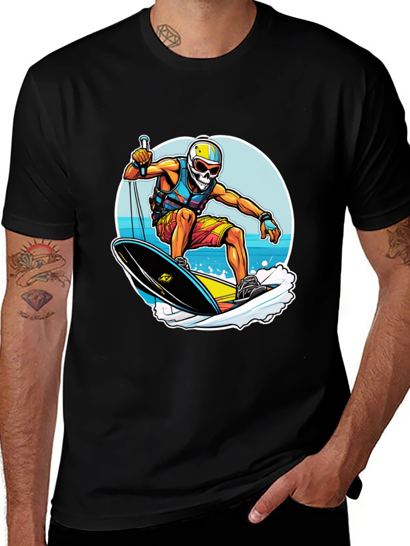 Skull Surfer Graphic Tee - Black Cotton Comfort