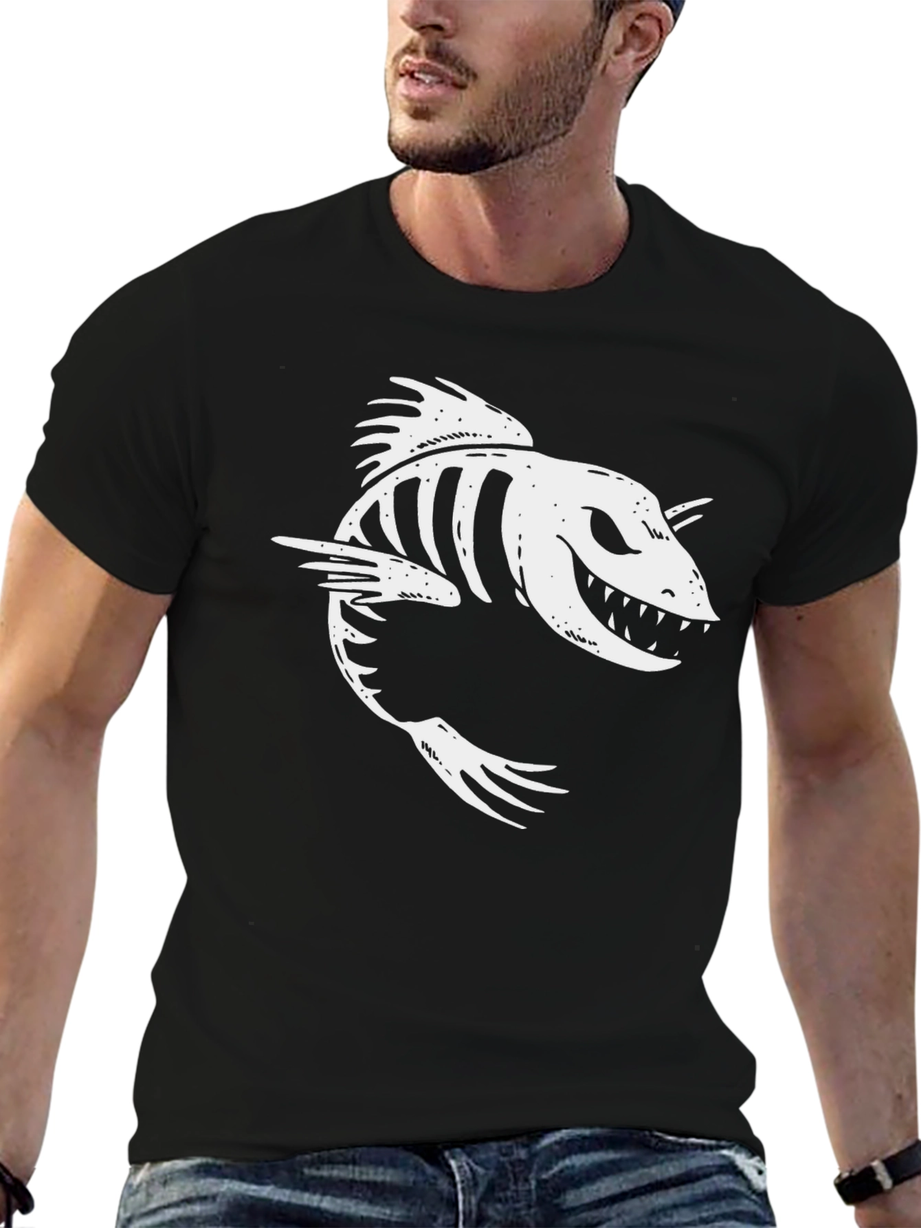 Creepy Fish Skeleton Graphic Tee - Mens Black T-Shirt