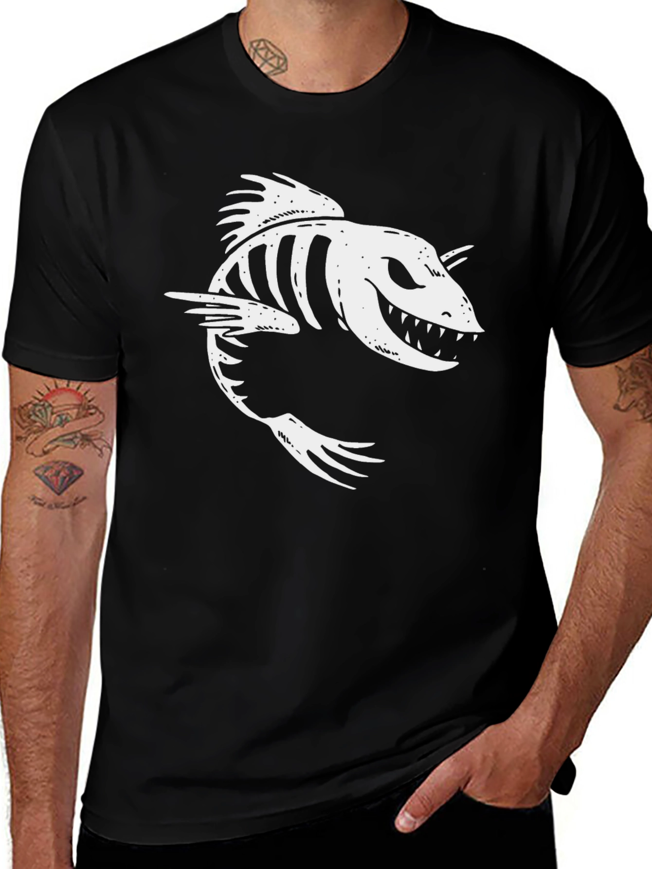 Creepy Fish Skeleton Graphic Tee - Mens Black T-Shirt