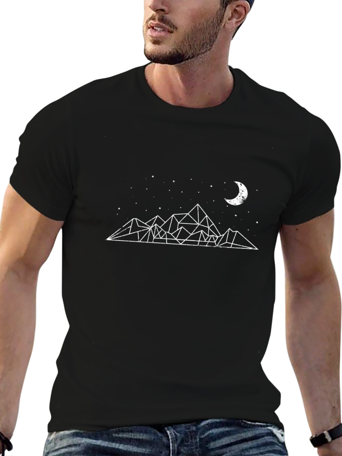 Geometric Mountain & Moon Graphic Tee - Black