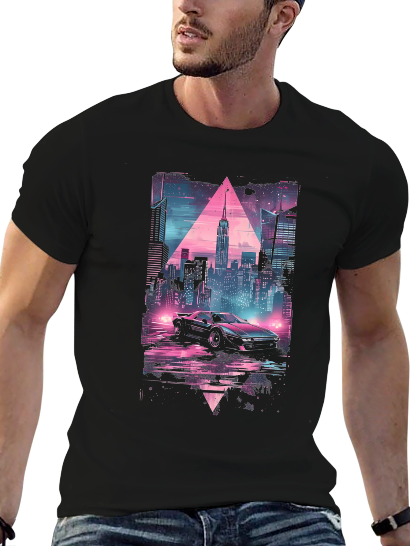 Retro Wave Cityscape Car Graphic Tee