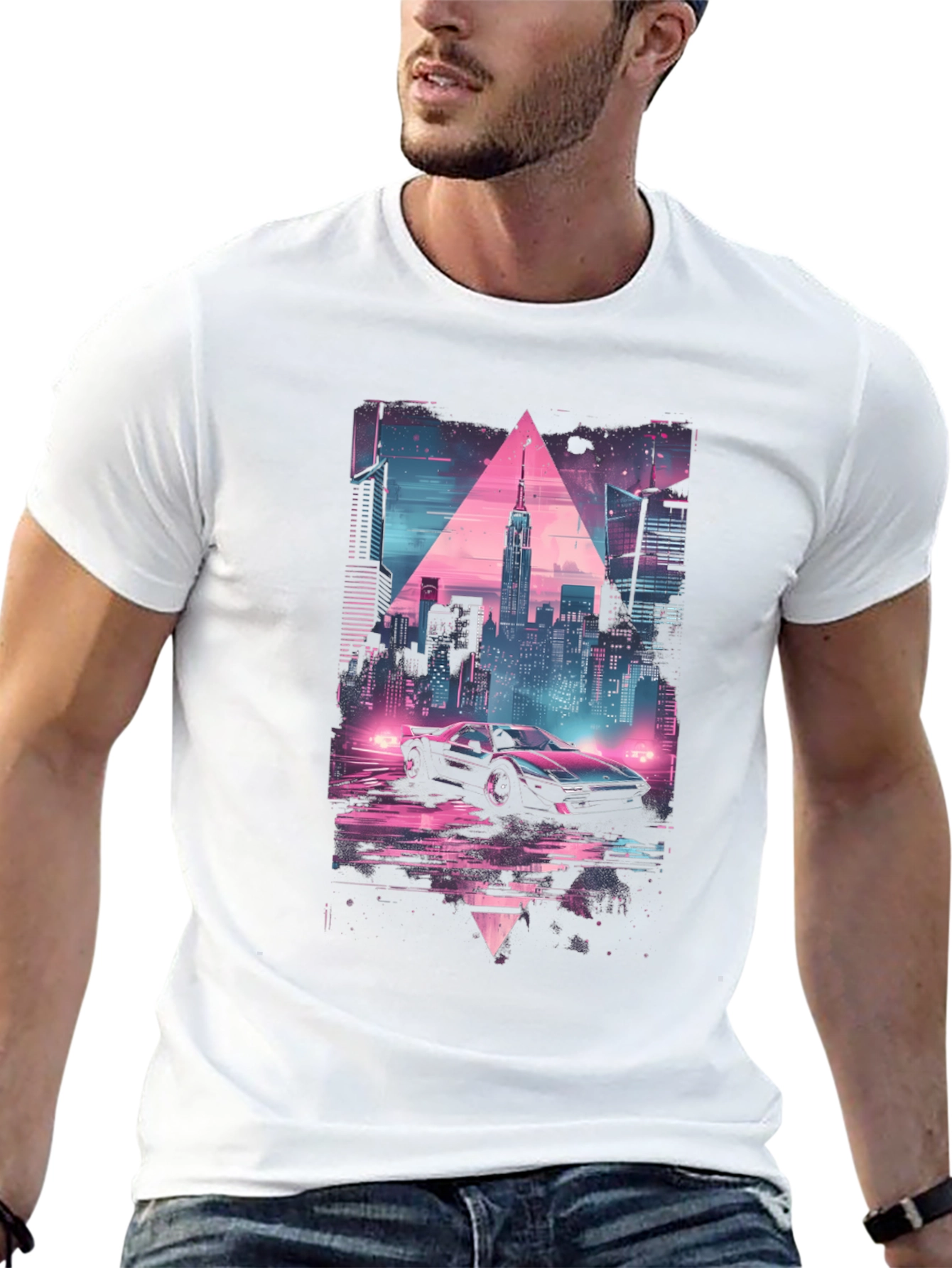 Retro Wave Cityscape Car Graphic Tee
