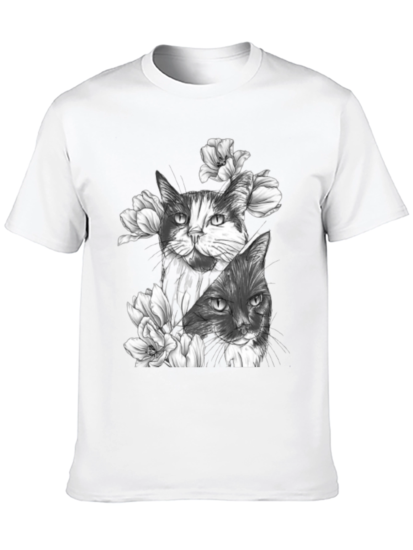 Floral Cat Print Black T-Shirt