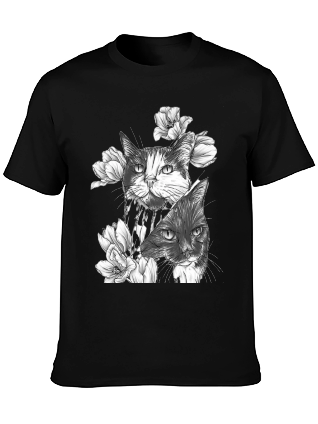 Floral Cat Print Black T-Shirt