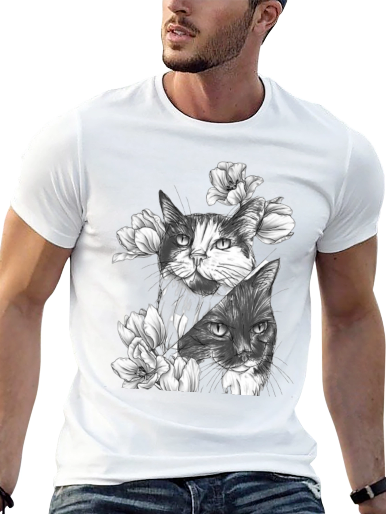 Floral Cat Print Black T-Shirt