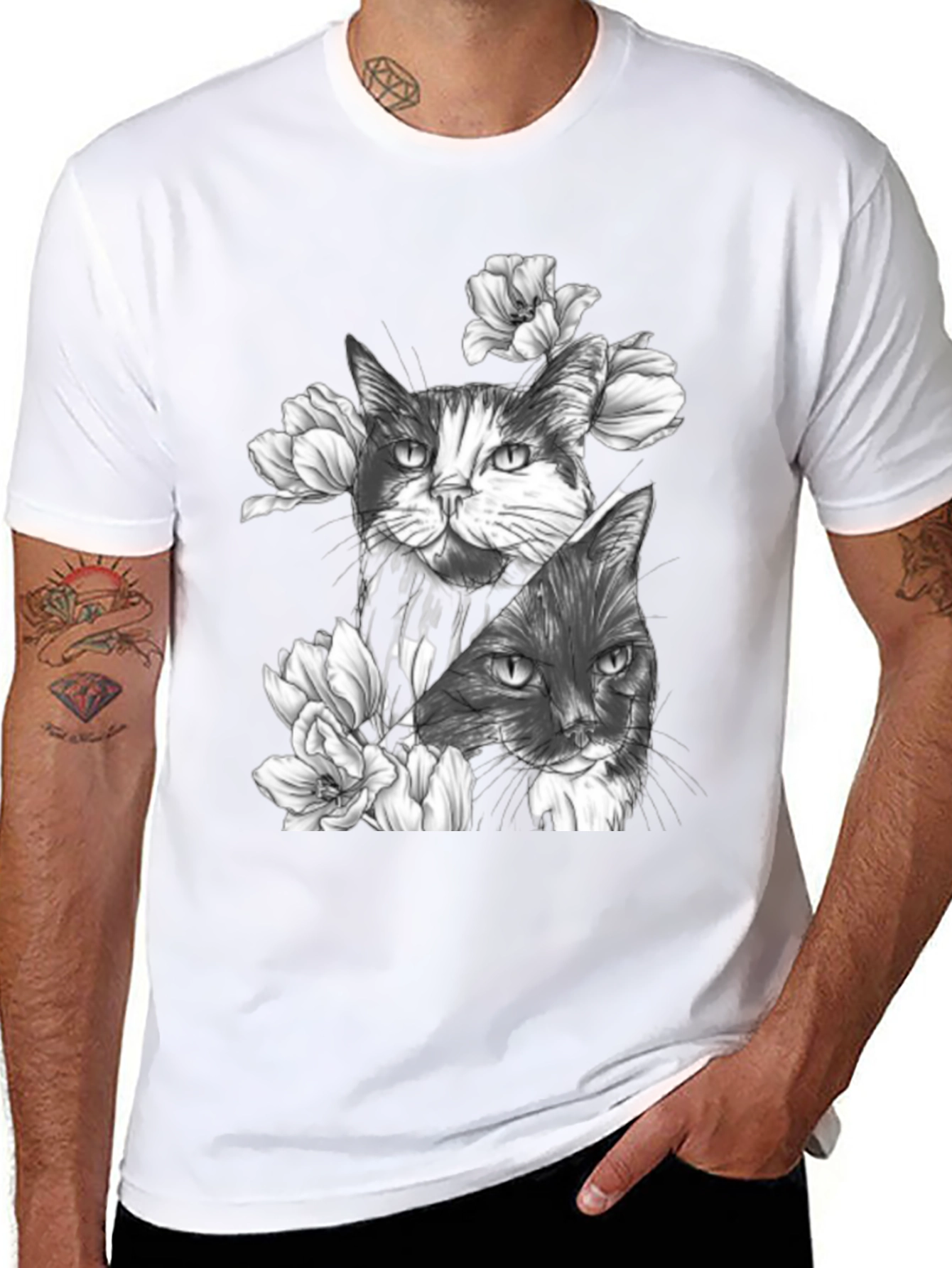 Floral Cat Print Black T-Shirt