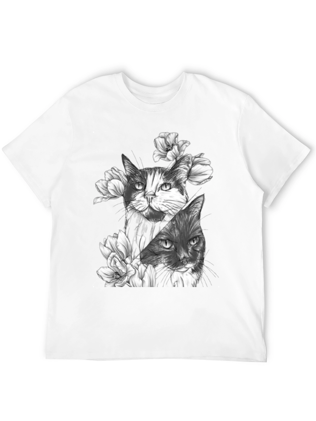 Floral Cat Print Black T-Shirt