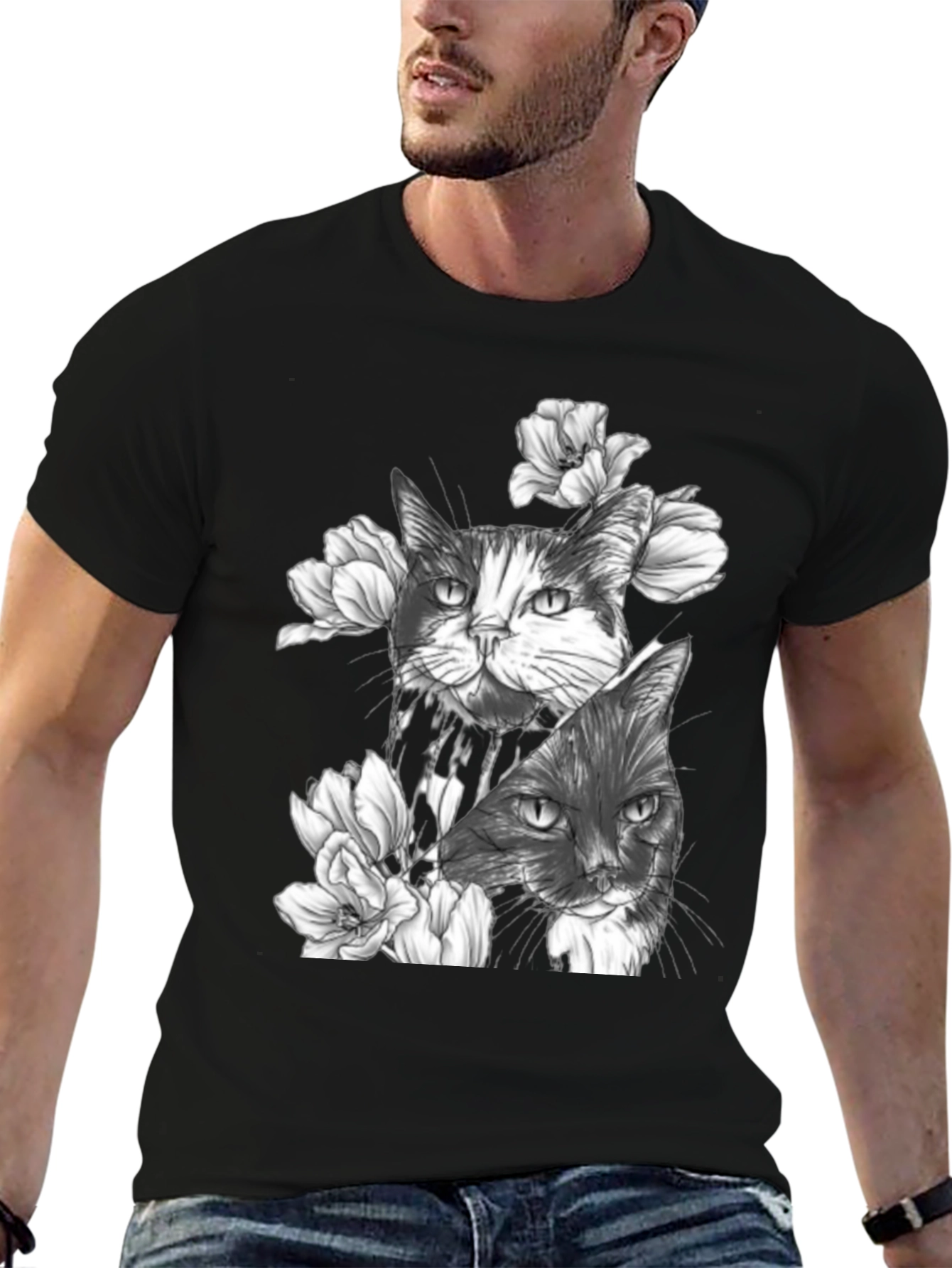 Floral Cat Print Black T-Shirt
