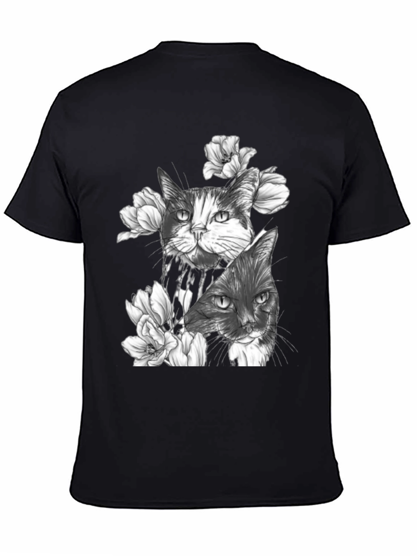Floral Cat Print Black T-Shirt