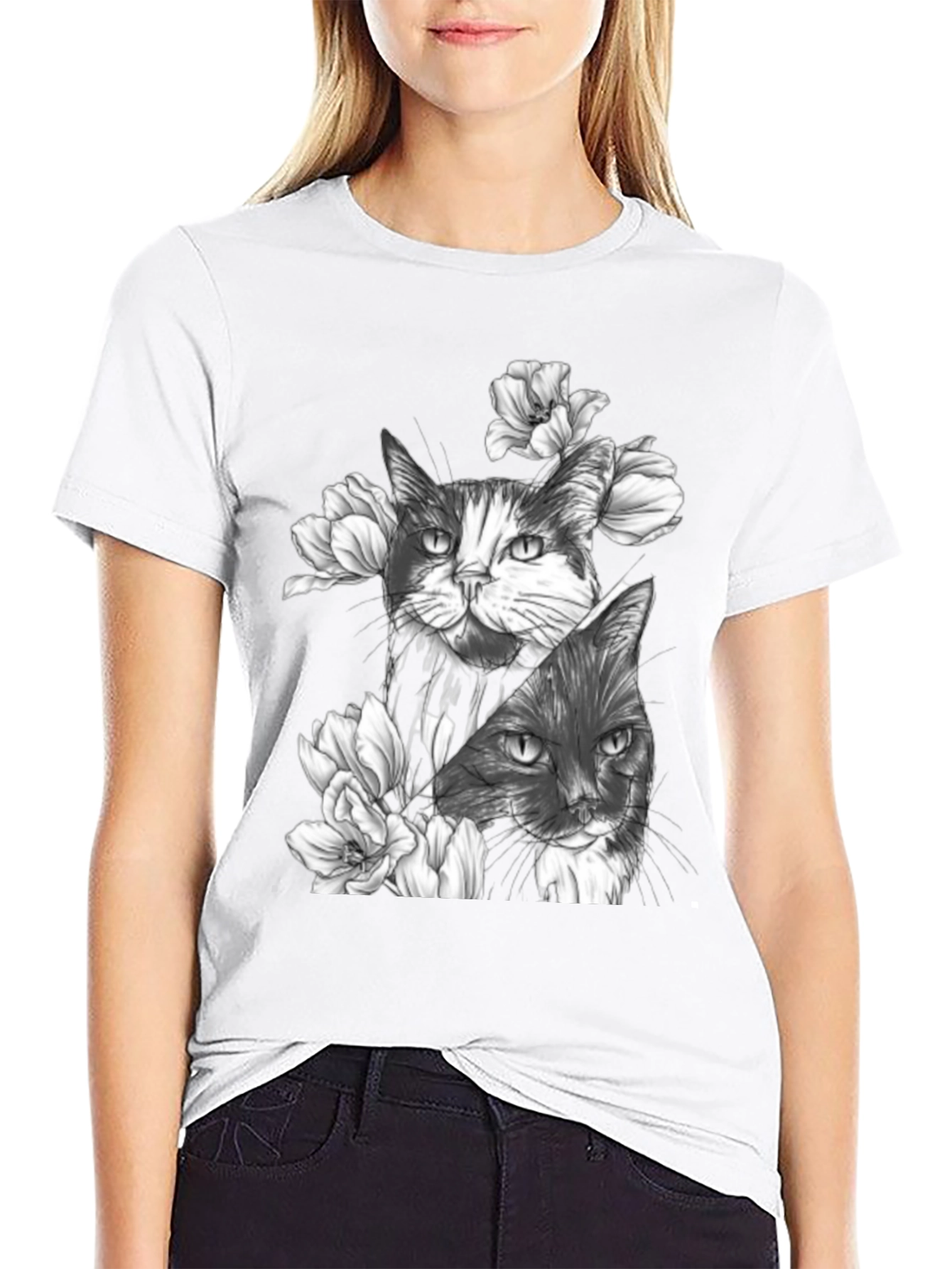 Floral Cat Print Black T-Shirt