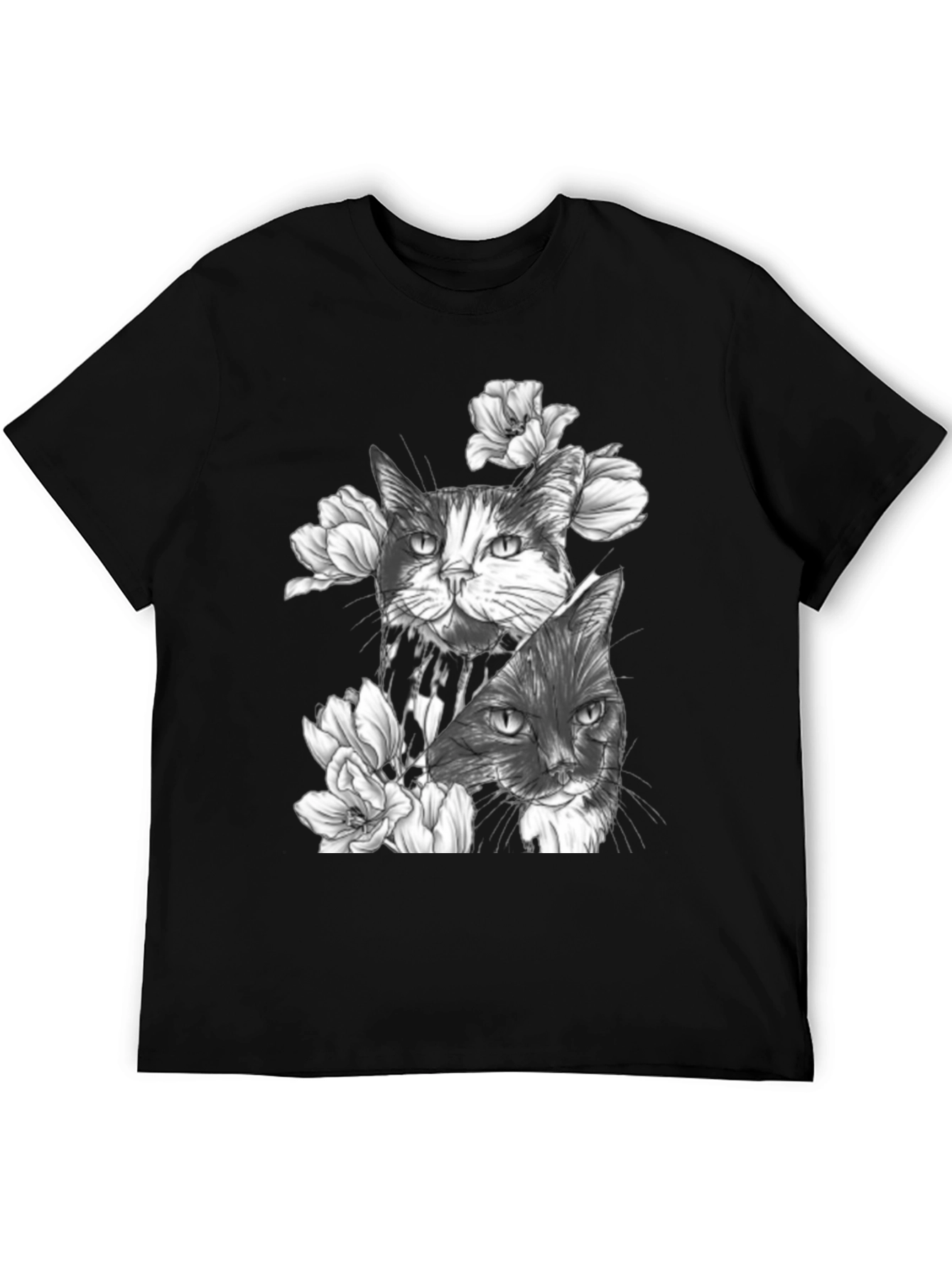 Floral Cat Print Black T-Shirt