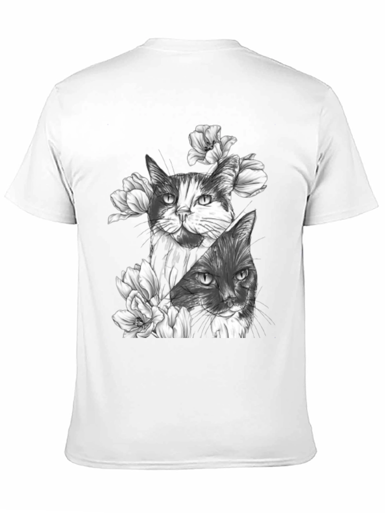 Floral Cat Print Black T-Shirt