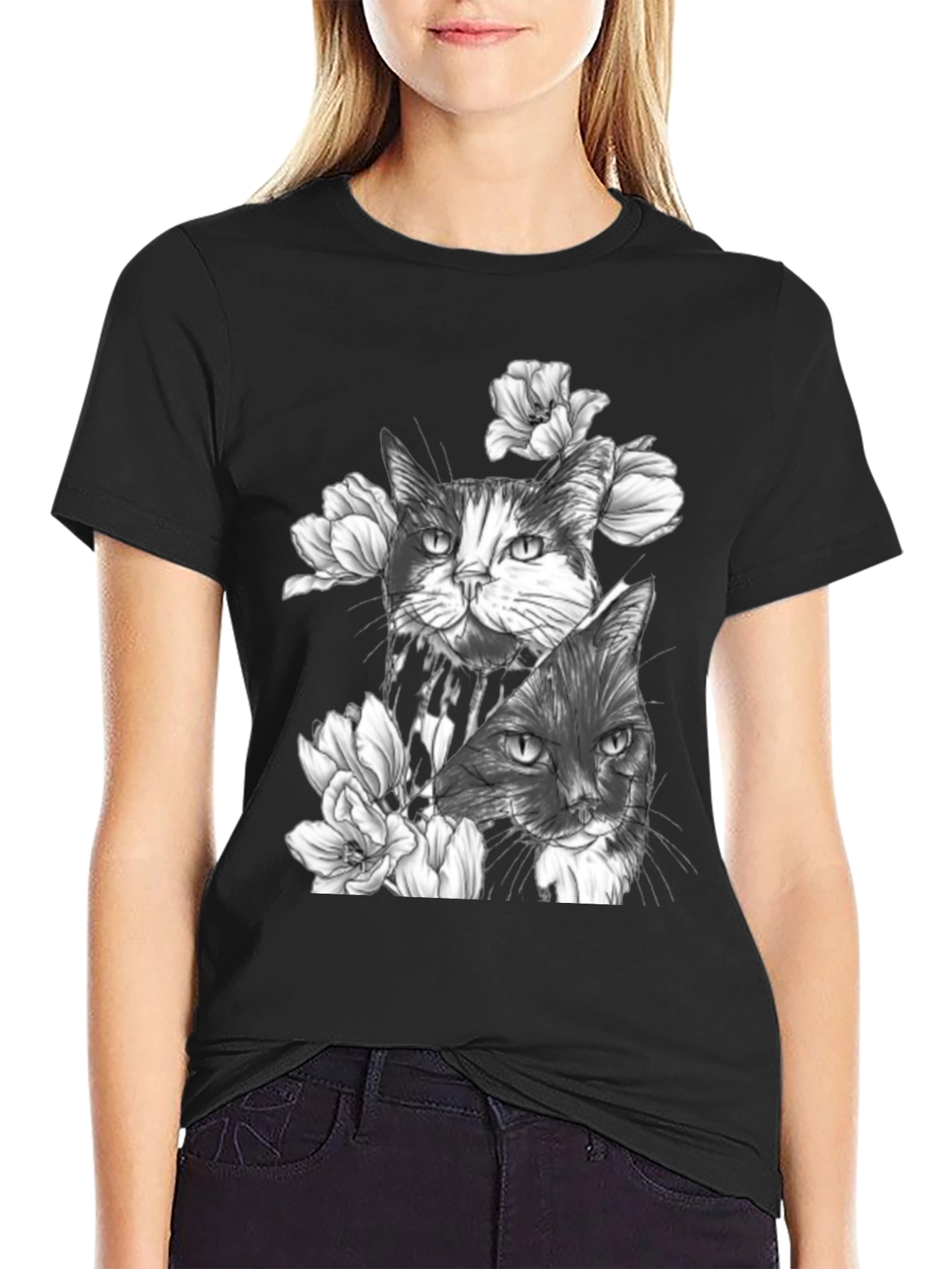 Floral Cat Print Black T-Shirt