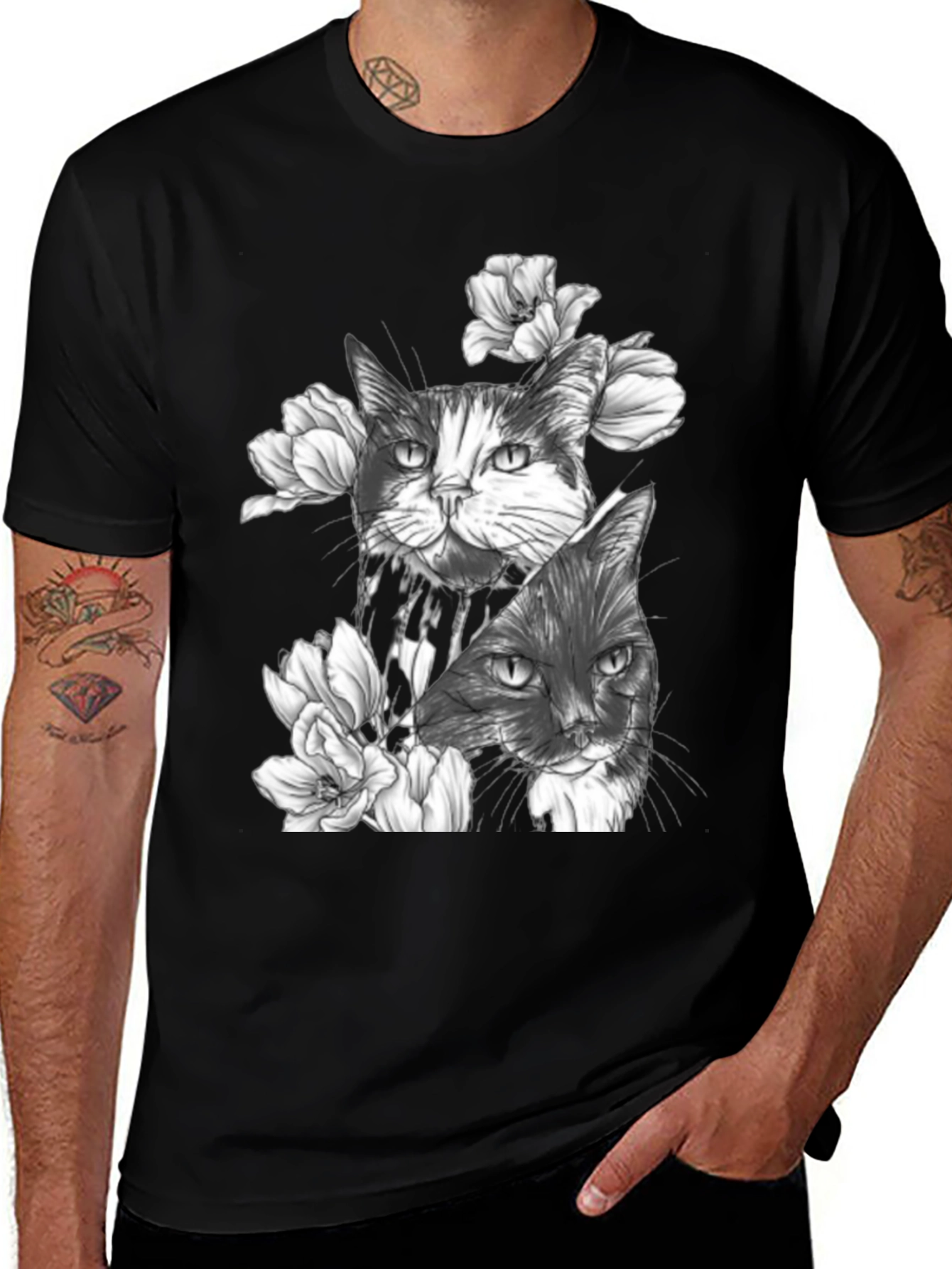 Floral Cat Print Black T-Shirt