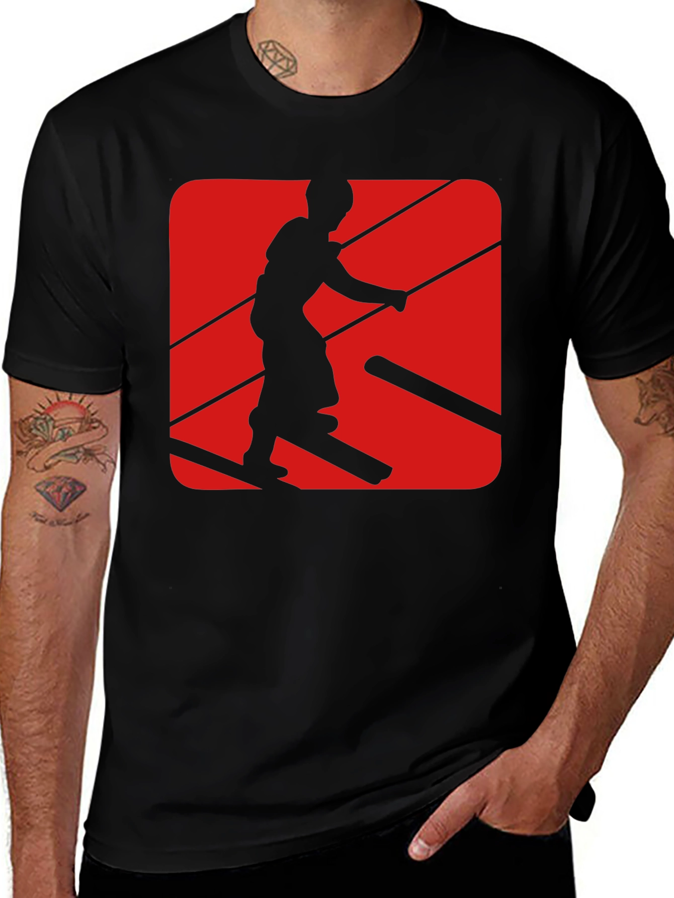 Retro Skier Graphic Tee - Black Cotton Blend T-Shirt