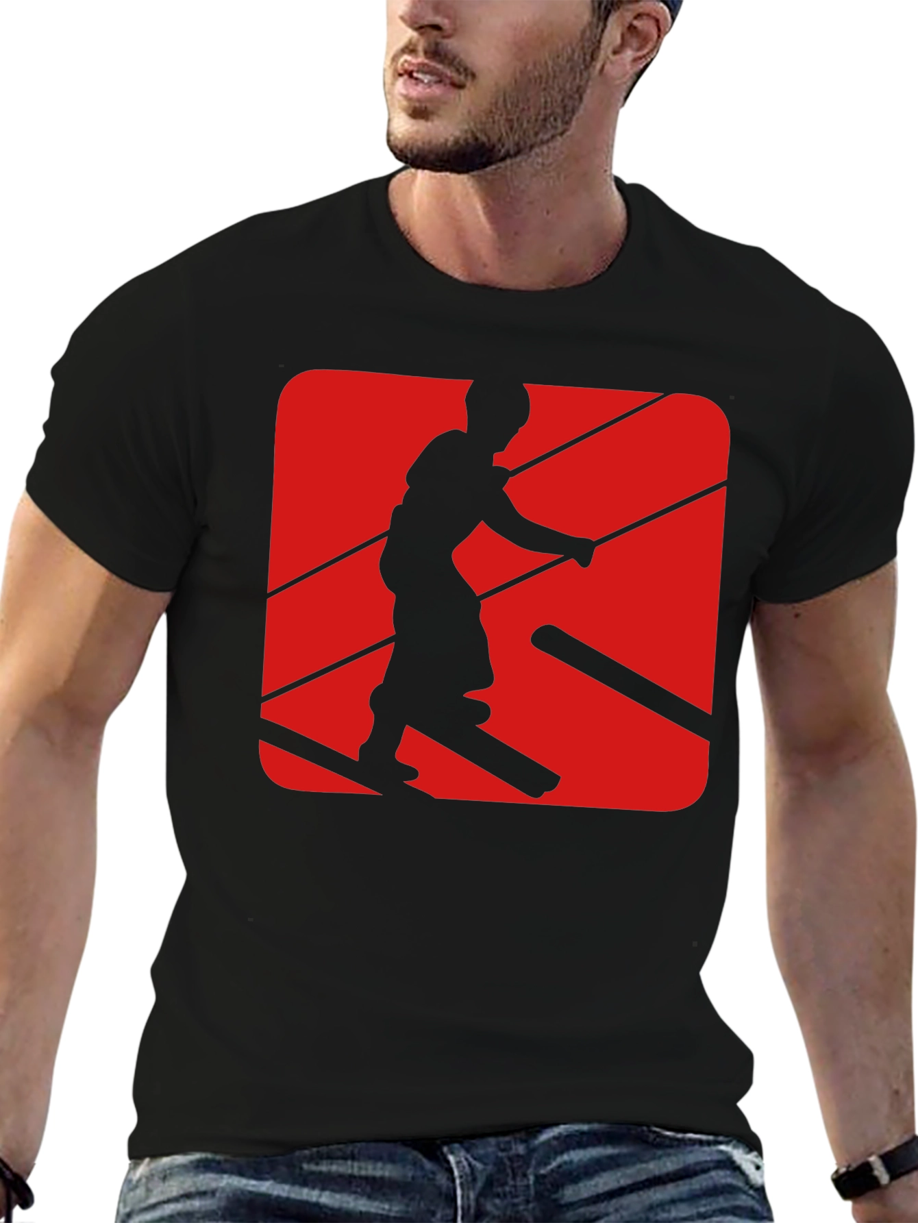 Retro Skier Graphic Tee - Black Cotton Blend T-Shirt