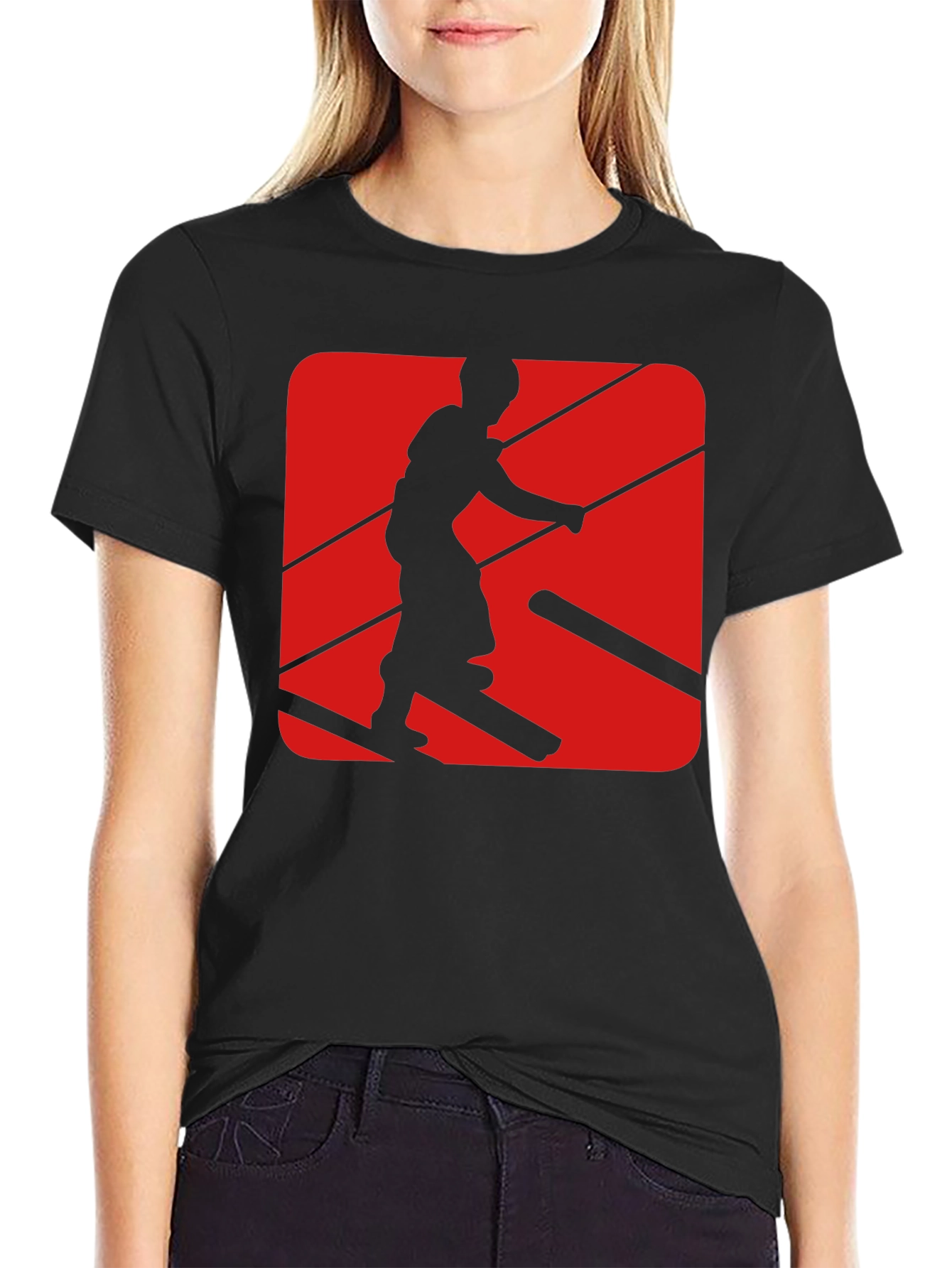 Retro Skier Graphic Tee - Black Cotton Blend T-Shirt