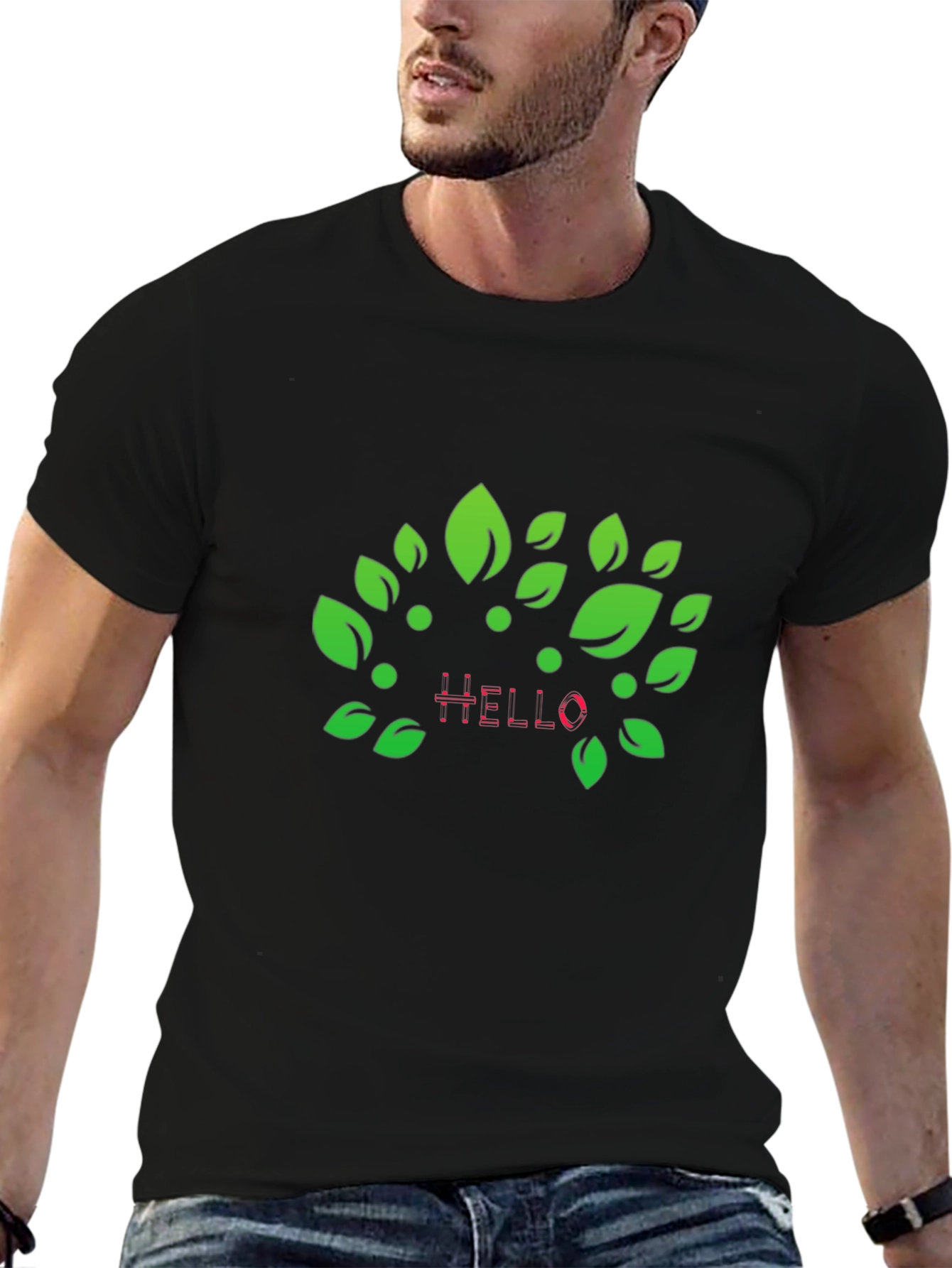 Natures Hello: Black T-Shirt with Leaf Design