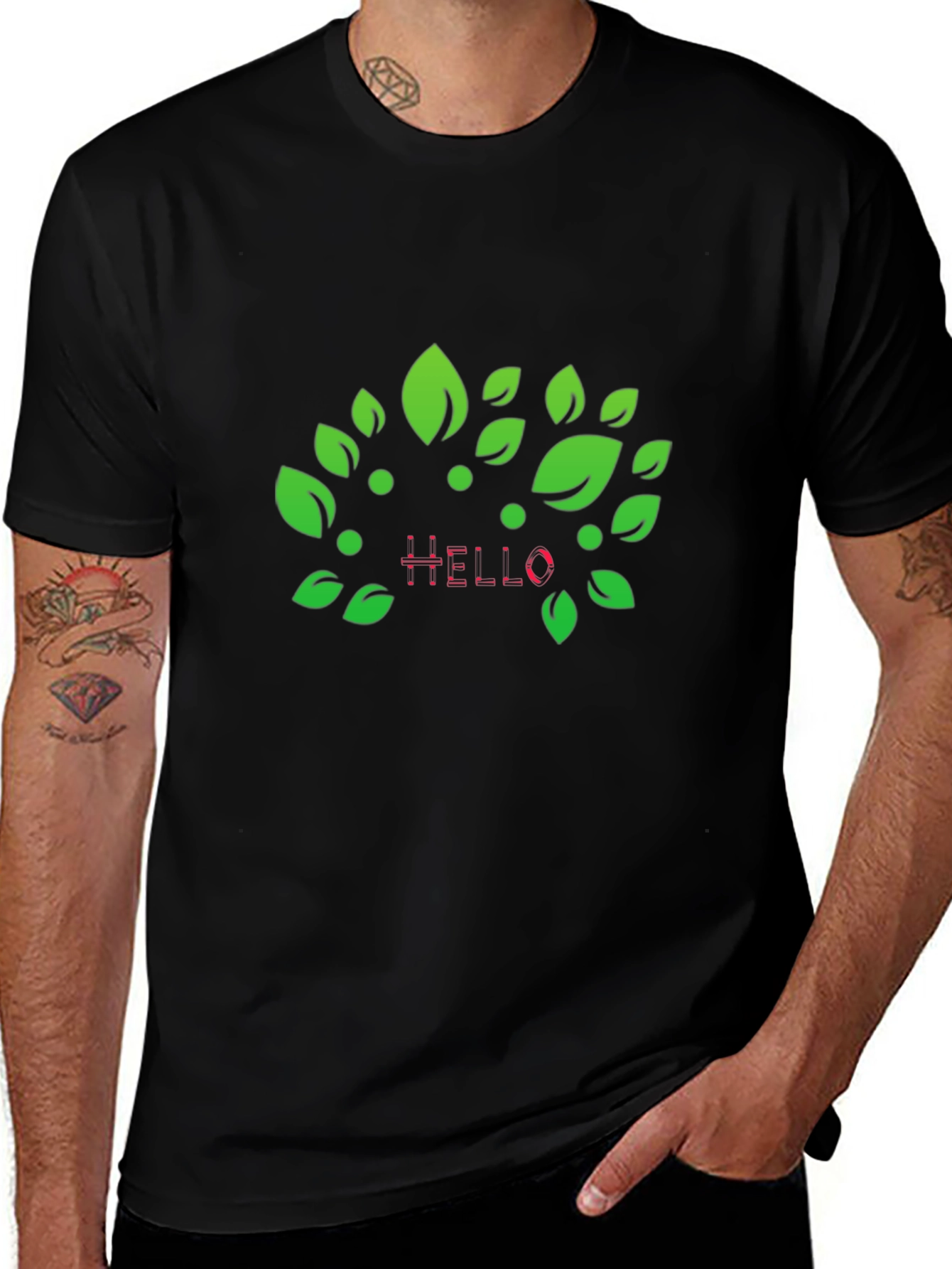 Natures Hello: Black T-Shirt with Leaf Design