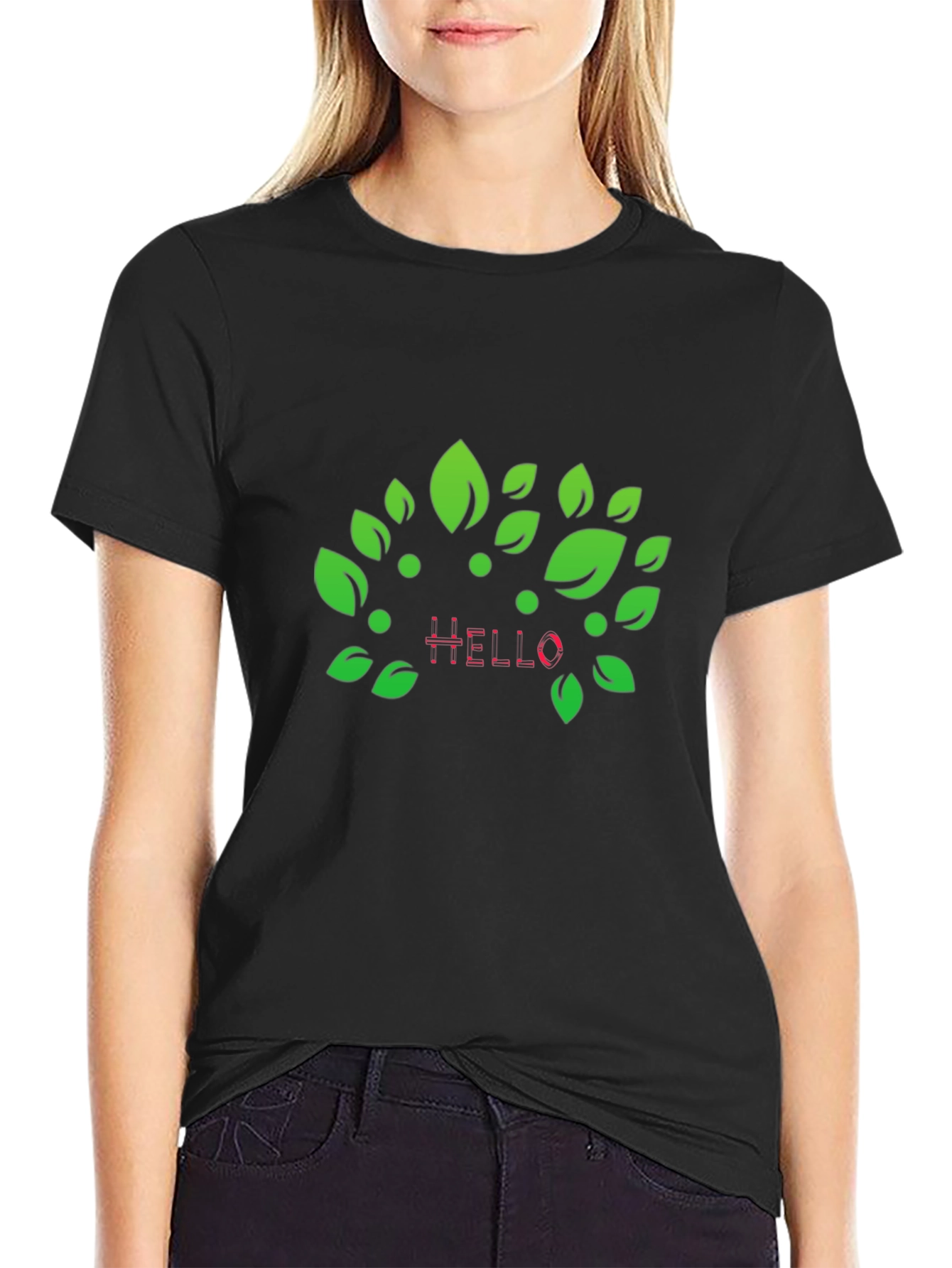 Natures Hello: Black T-Shirt with Leaf Design