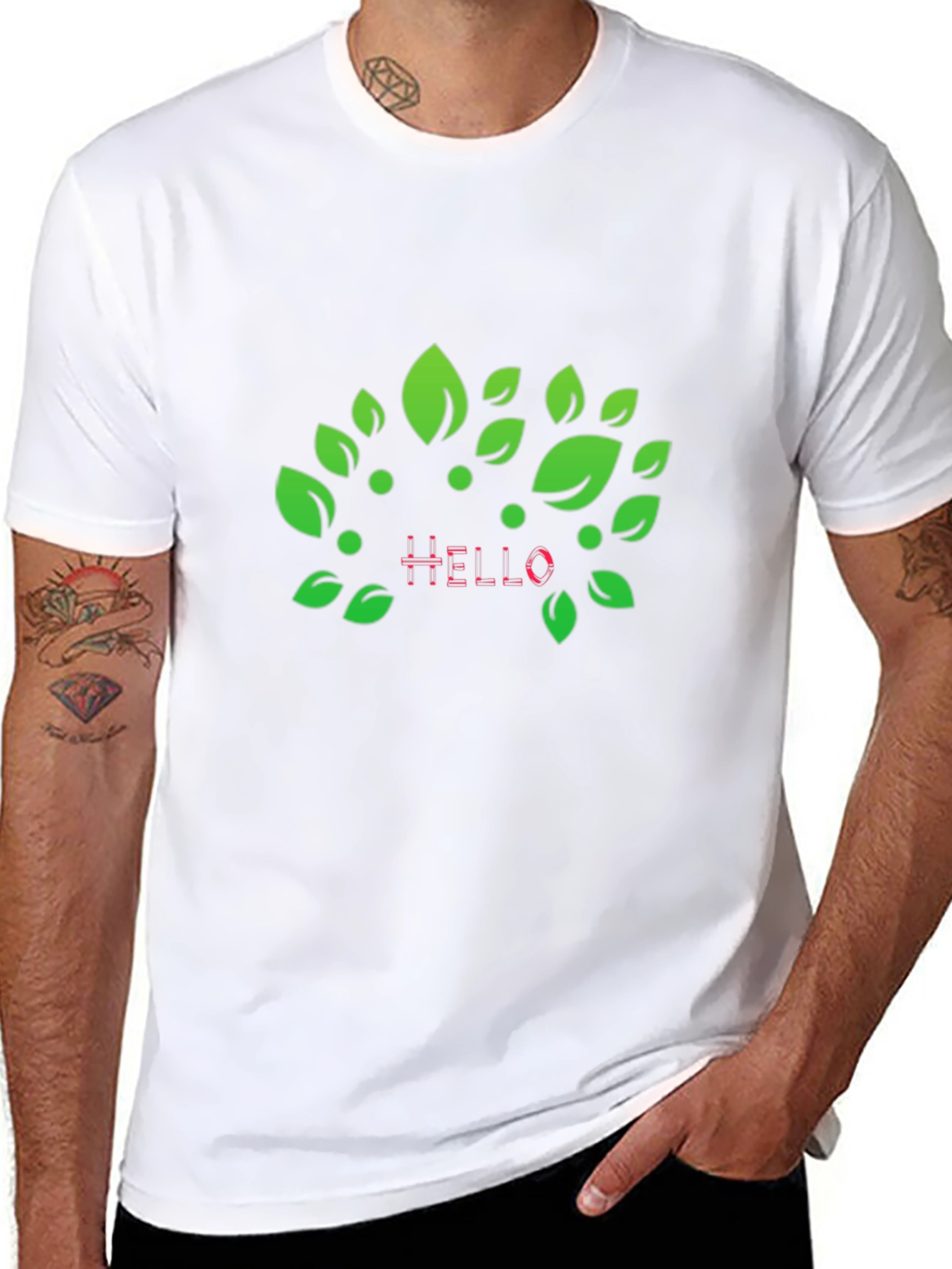 Natures Hello: Black T-Shirt with Leaf Design
