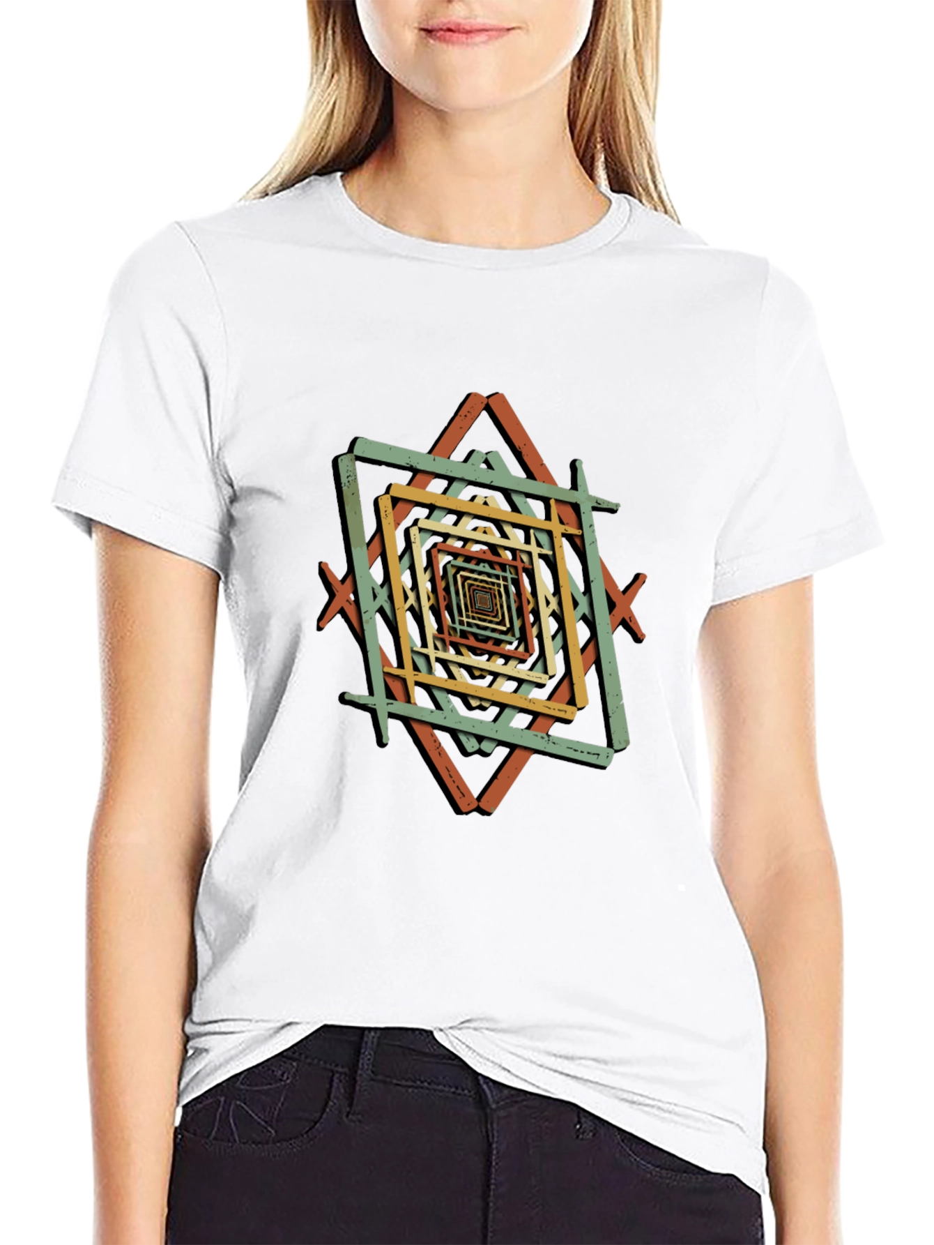 Geometric Square Pattern Black T-Shirt