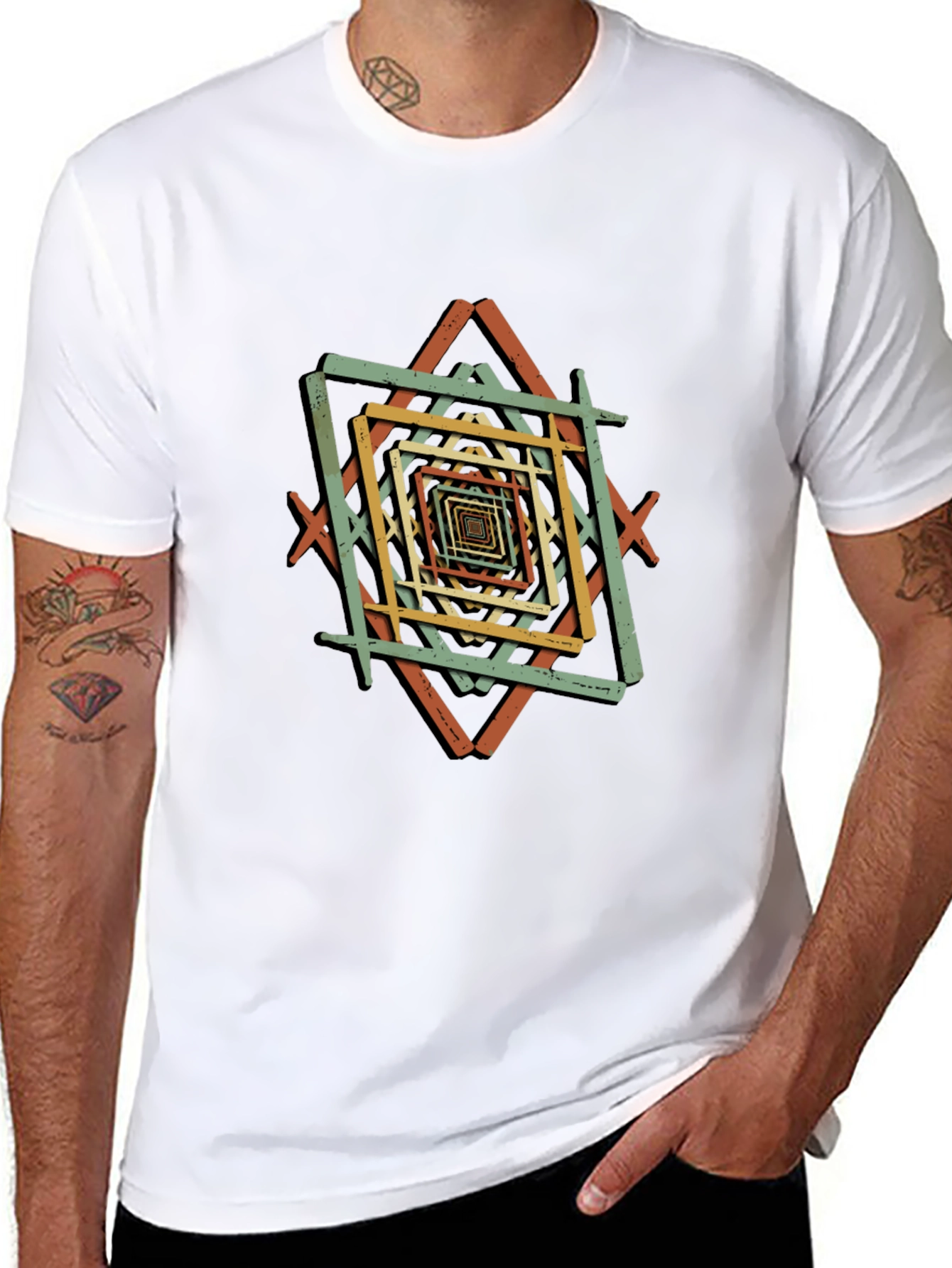 Geometric Square Pattern Black T-Shirt