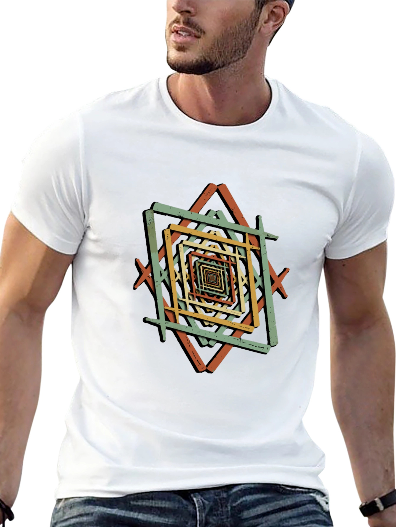 Geometric Square Pattern Black T-Shirt