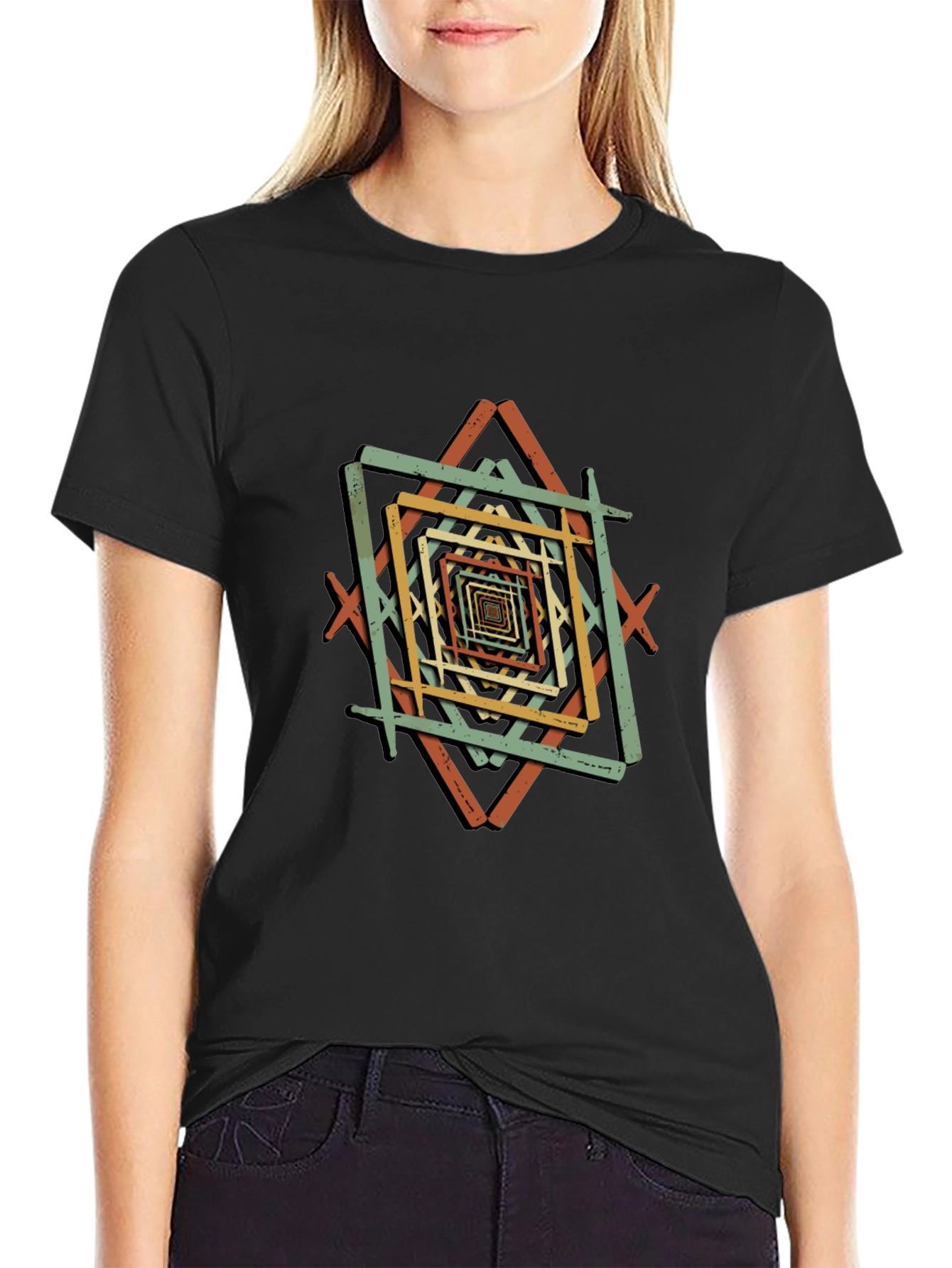 Geometric Square Pattern Black T-Shirt