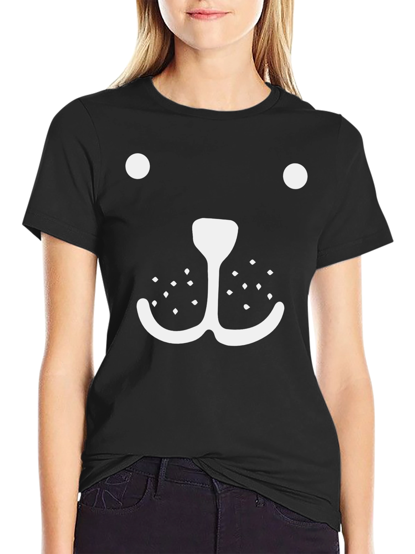 Whimsical Bear Face Graphic Tee - Black Cotton
