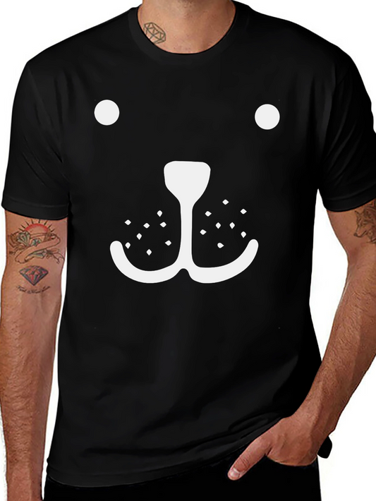 Whimsical Bear Face Graphic Tee - Black Cotton