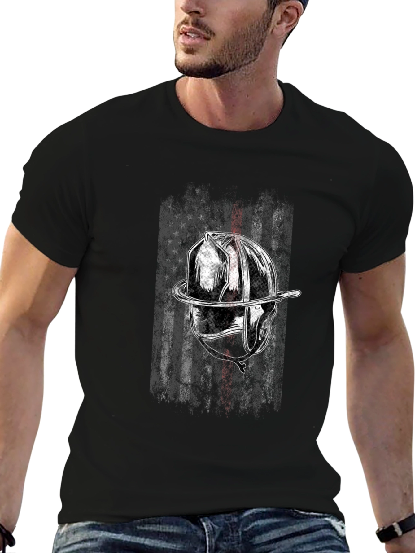 Firefighter Helmet Flag Graphic T-Shirt