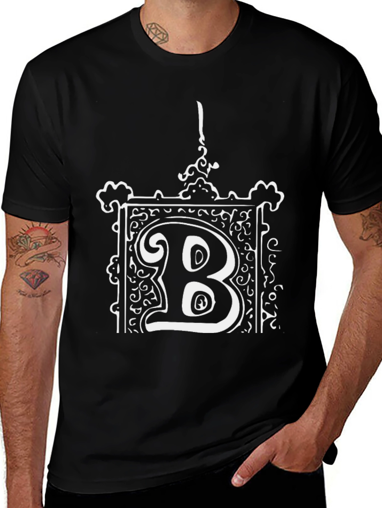 Ornate B Graphic Tee - Black Cotton Blend