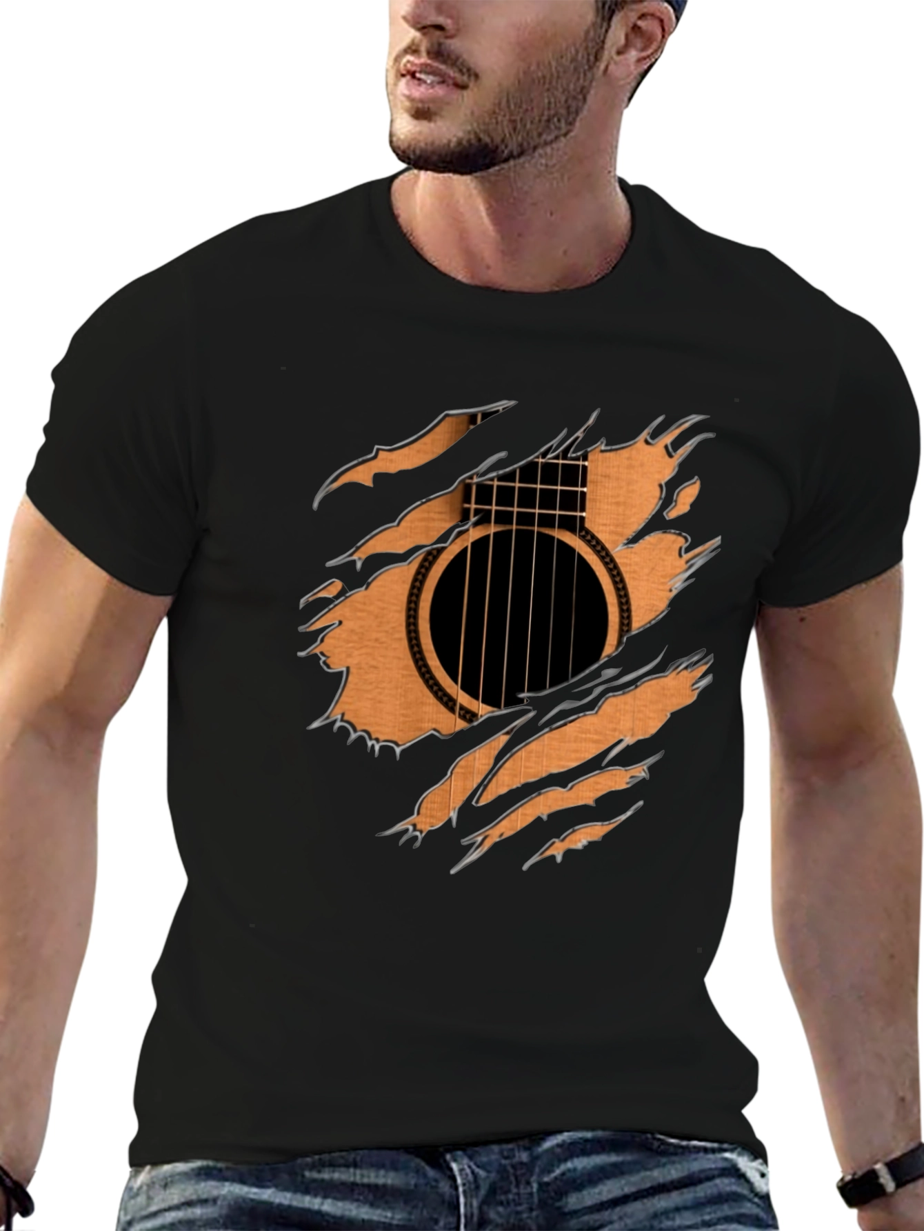 Guitar Inside T-Shirt - Ripped Effect Design
