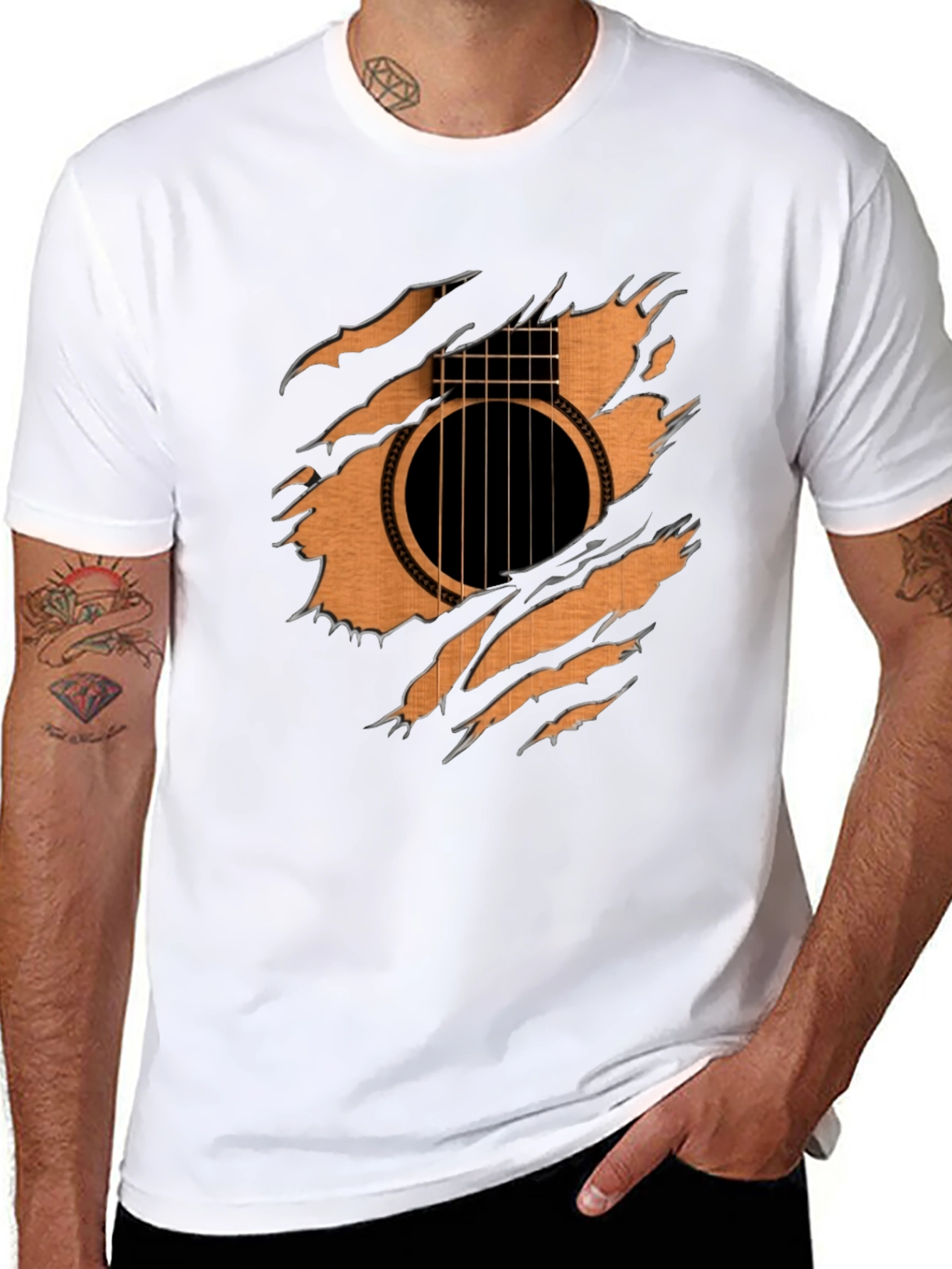 Guitar Inside T-Shirt - Ripped Effect Design