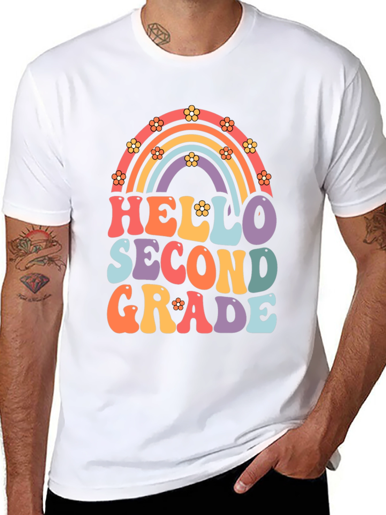 Hello Second Grade Retro Rainbow Shirt